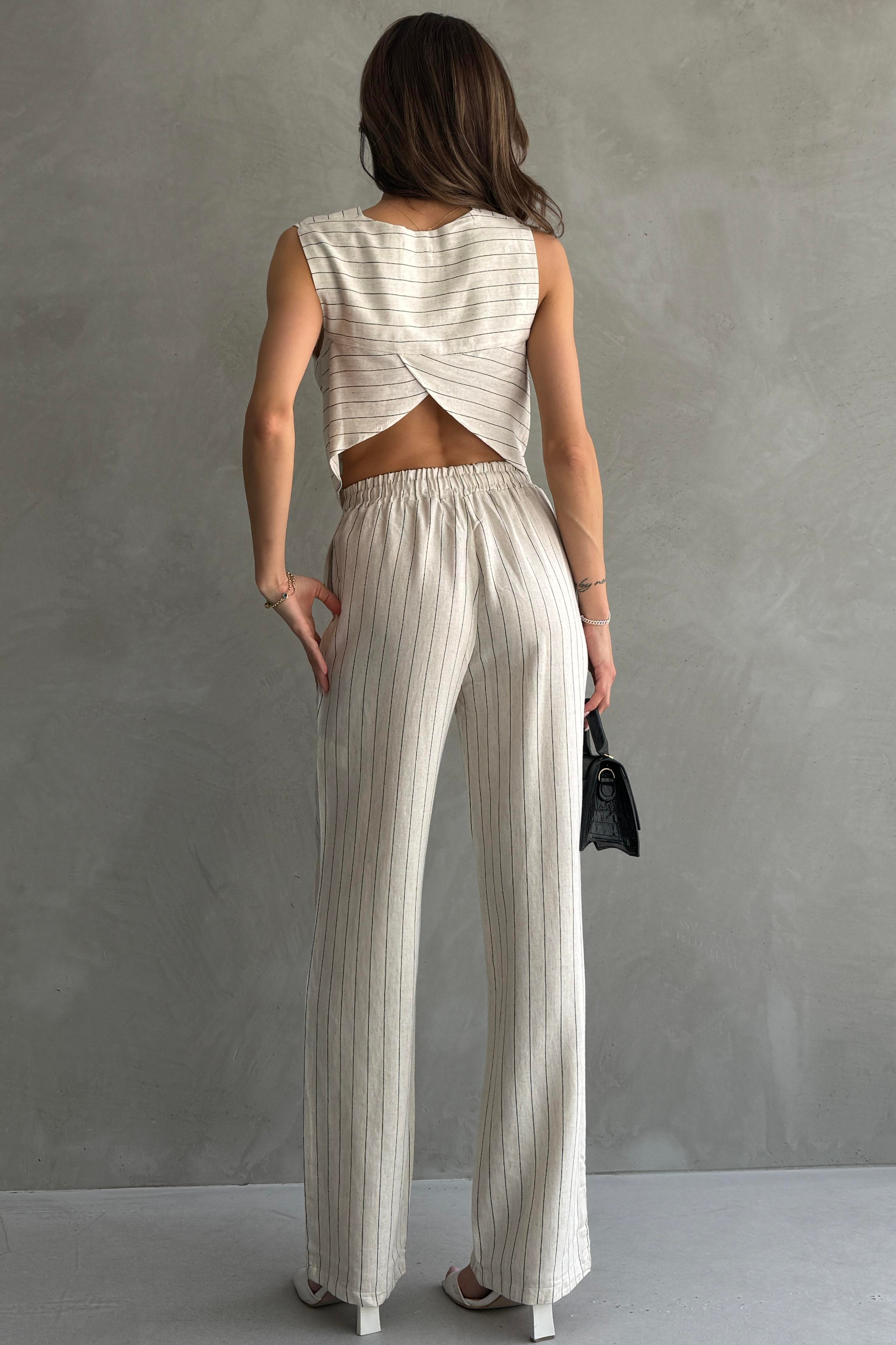 Drape Detaylı Çizgili Keten Bluz Pantolon Takımı