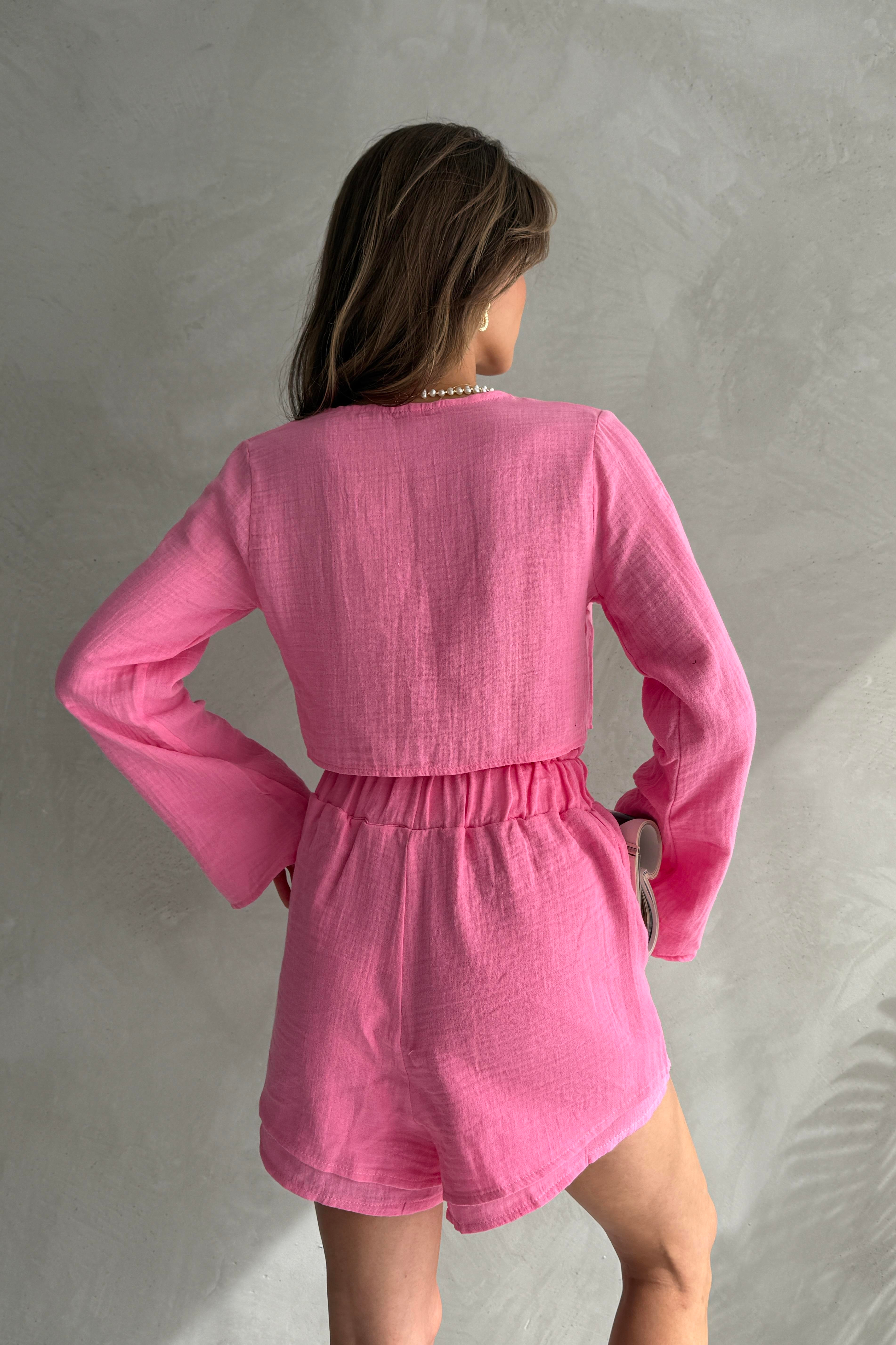 Fiyonk Detaylı Pembe Crop Bluz