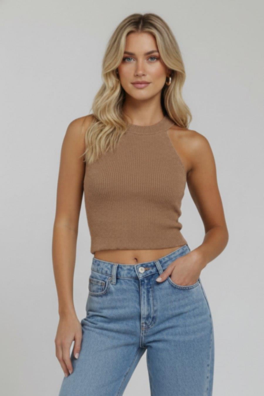 Halter Yaka Karamel Fitilli Sakallı Crop Top