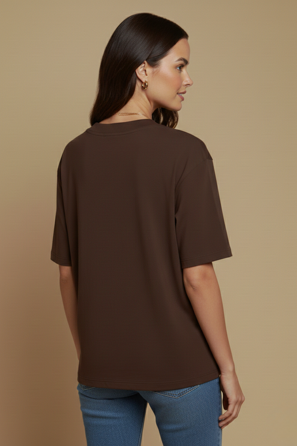 Kadın Derin V Yaka Oversize Basic Rahat Kahverengi Tişört