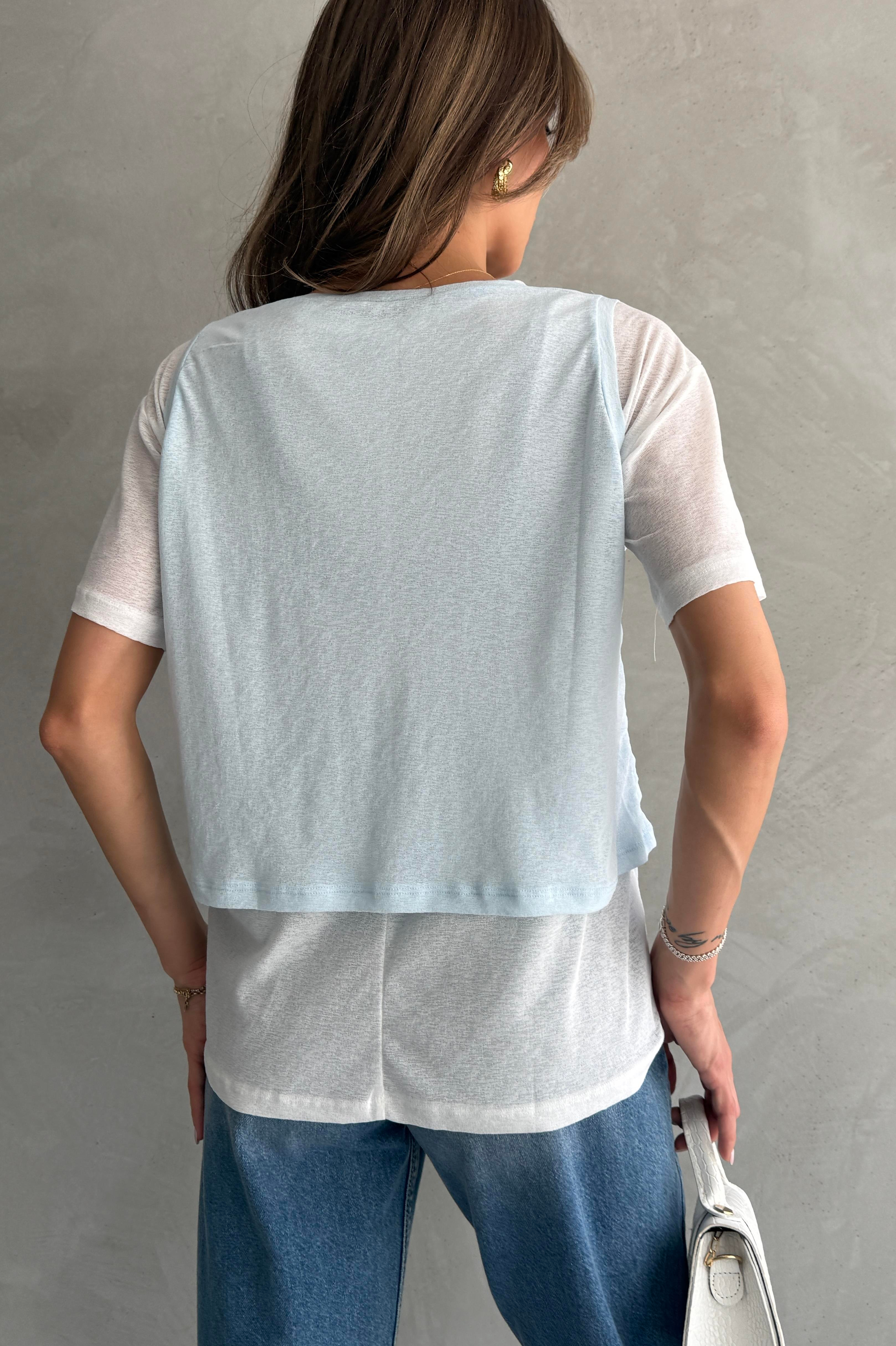 Kontrast İkili Görünümlü Bol Kesim Mavi T-shirt