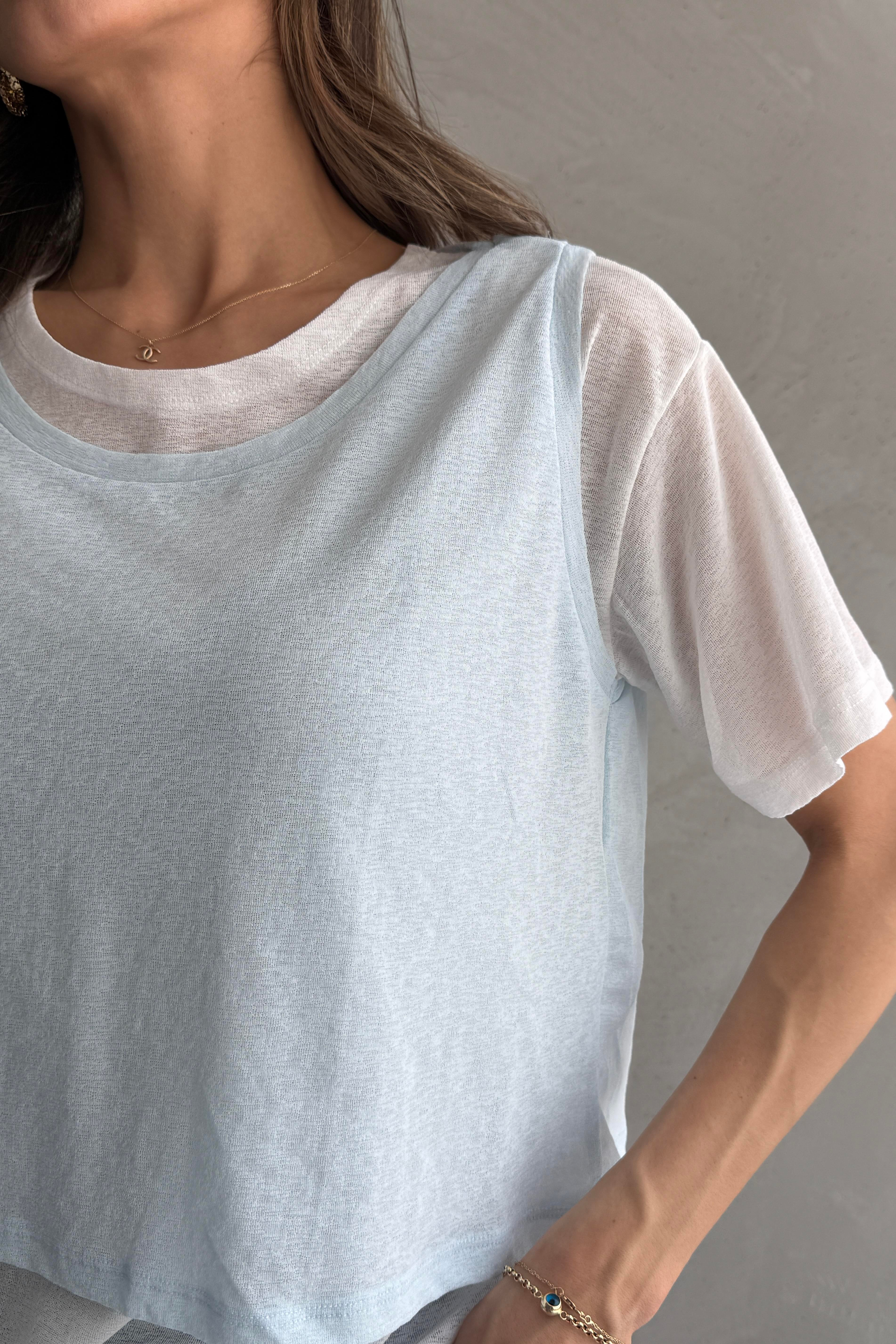 Kontrast İkili Görünümlü Bol Kesim Mavi T-shirt