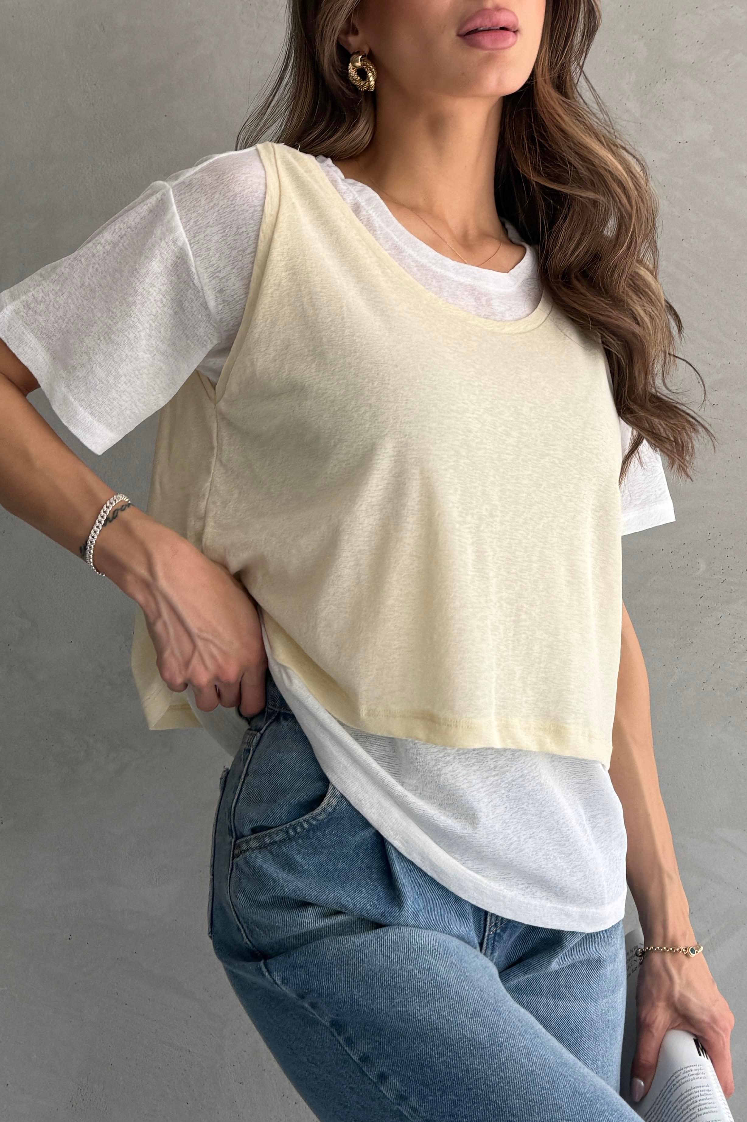 Kontrast İkili Görünümlü Bol Kesim Sarı T-shirt
