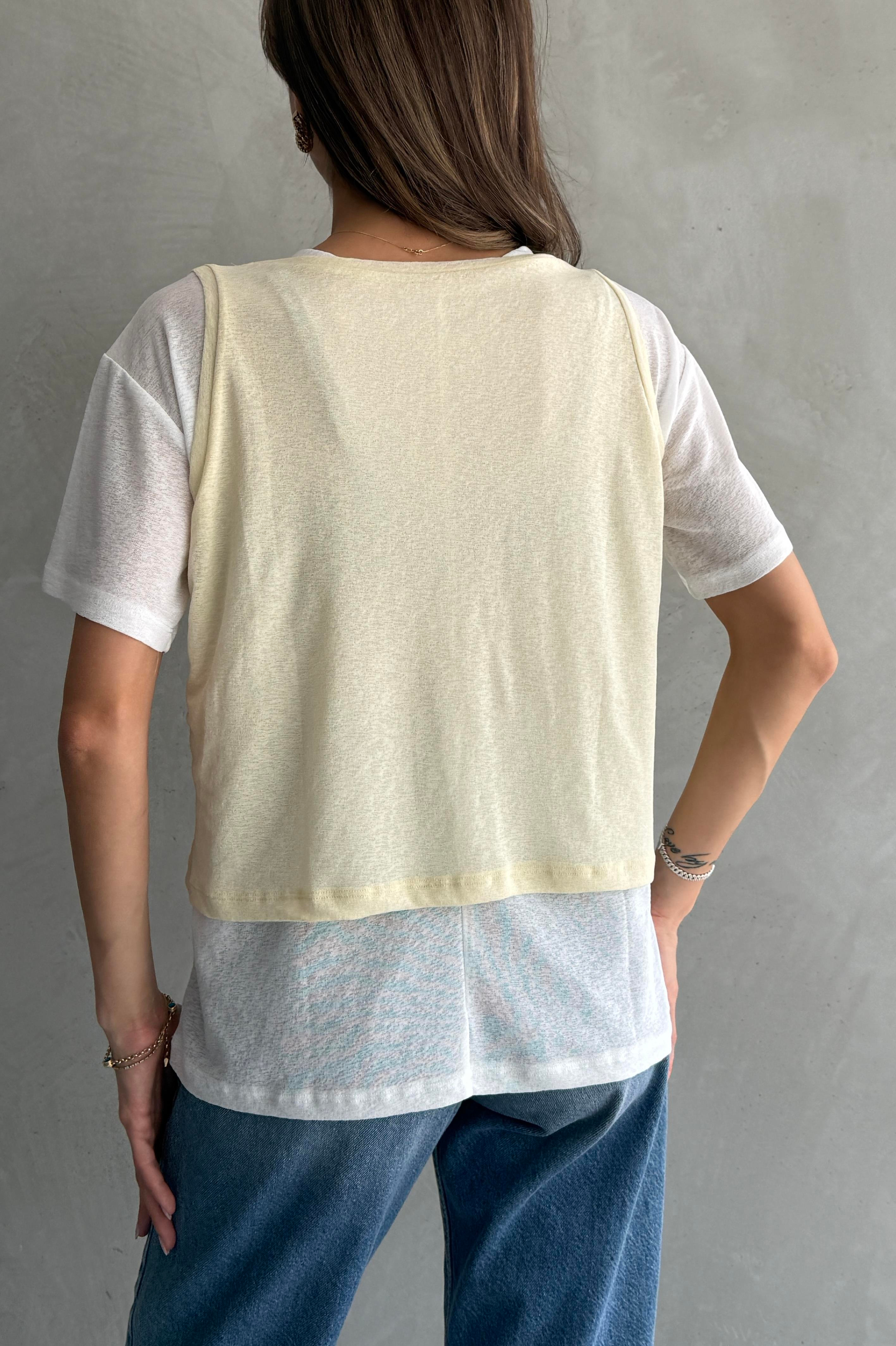 Kontrast İkili Görünümlü Bol Kesim Sarı T-shirt
