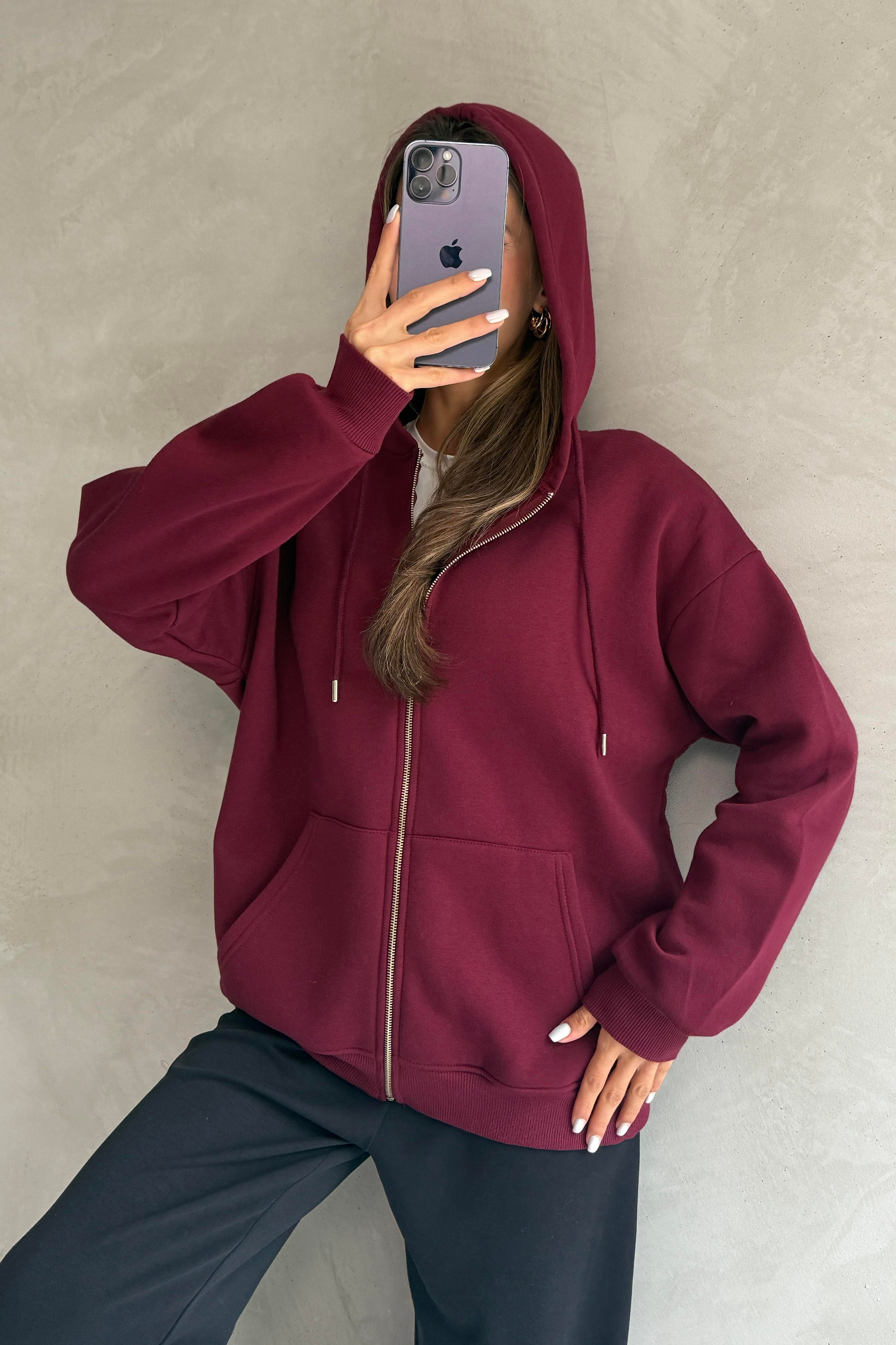 Uzun Kollu Cepli Fermuarlı Bordo Örme İçi Şardonlu Kapüşonlu 