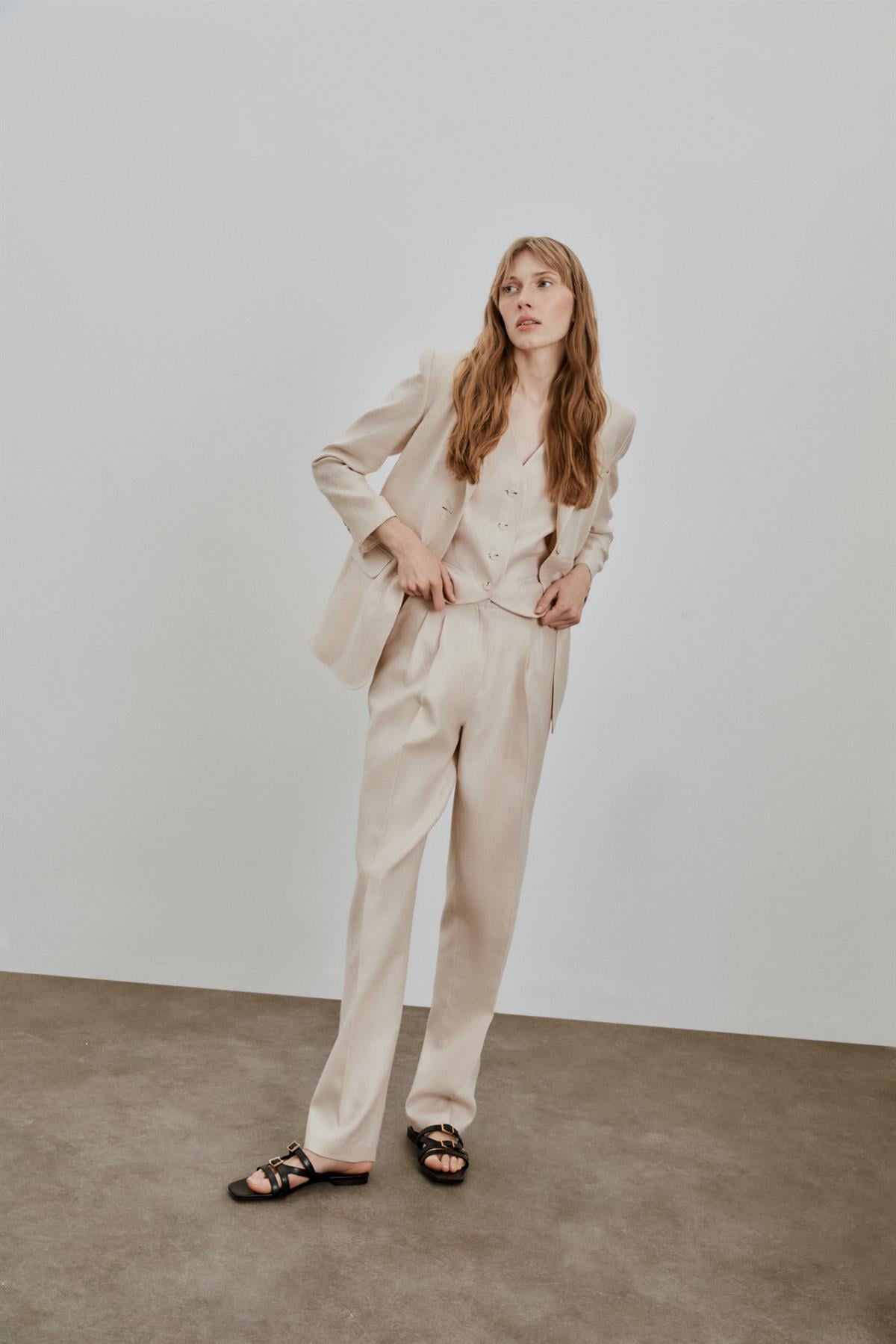 Beige Slim Linen Pants