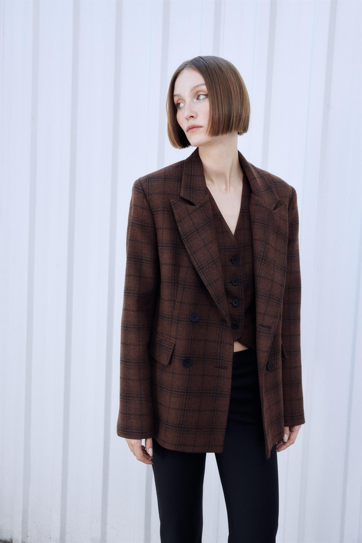 Checked Double-Breasted Wool Brown Blazer