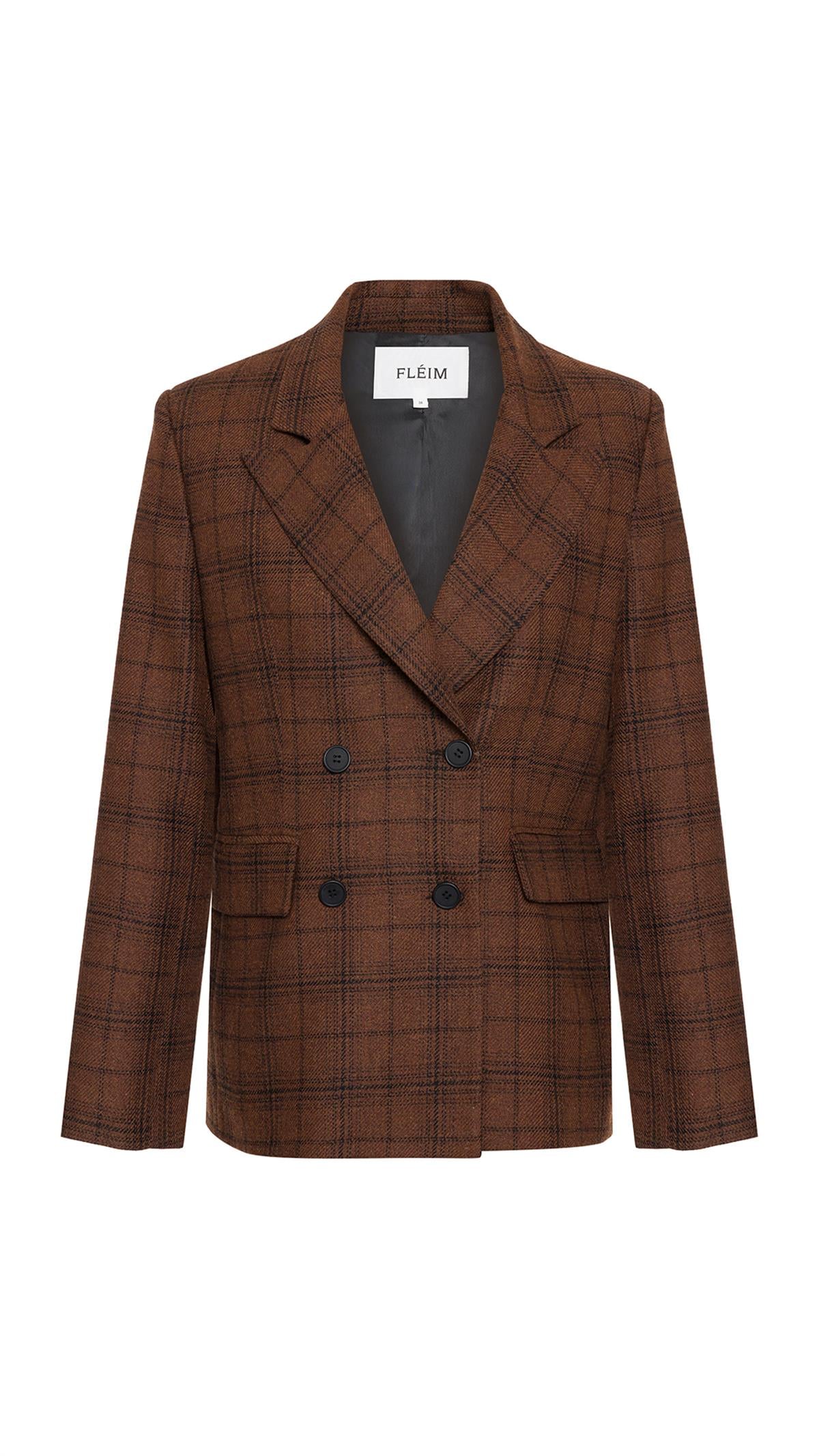 Checked Double-Breasted Wool Brown Blazer