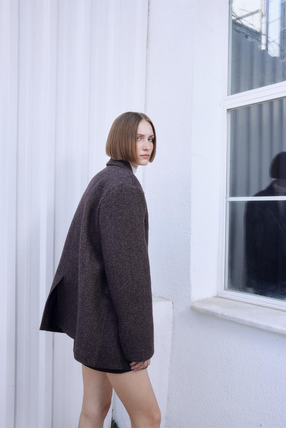 Checked Single-Breasted Wool Brown Coat
