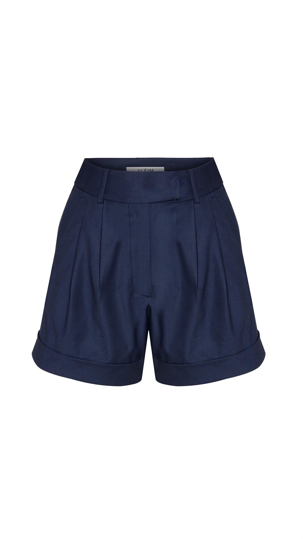 Double Pleated Wool Dark Blue Shorts