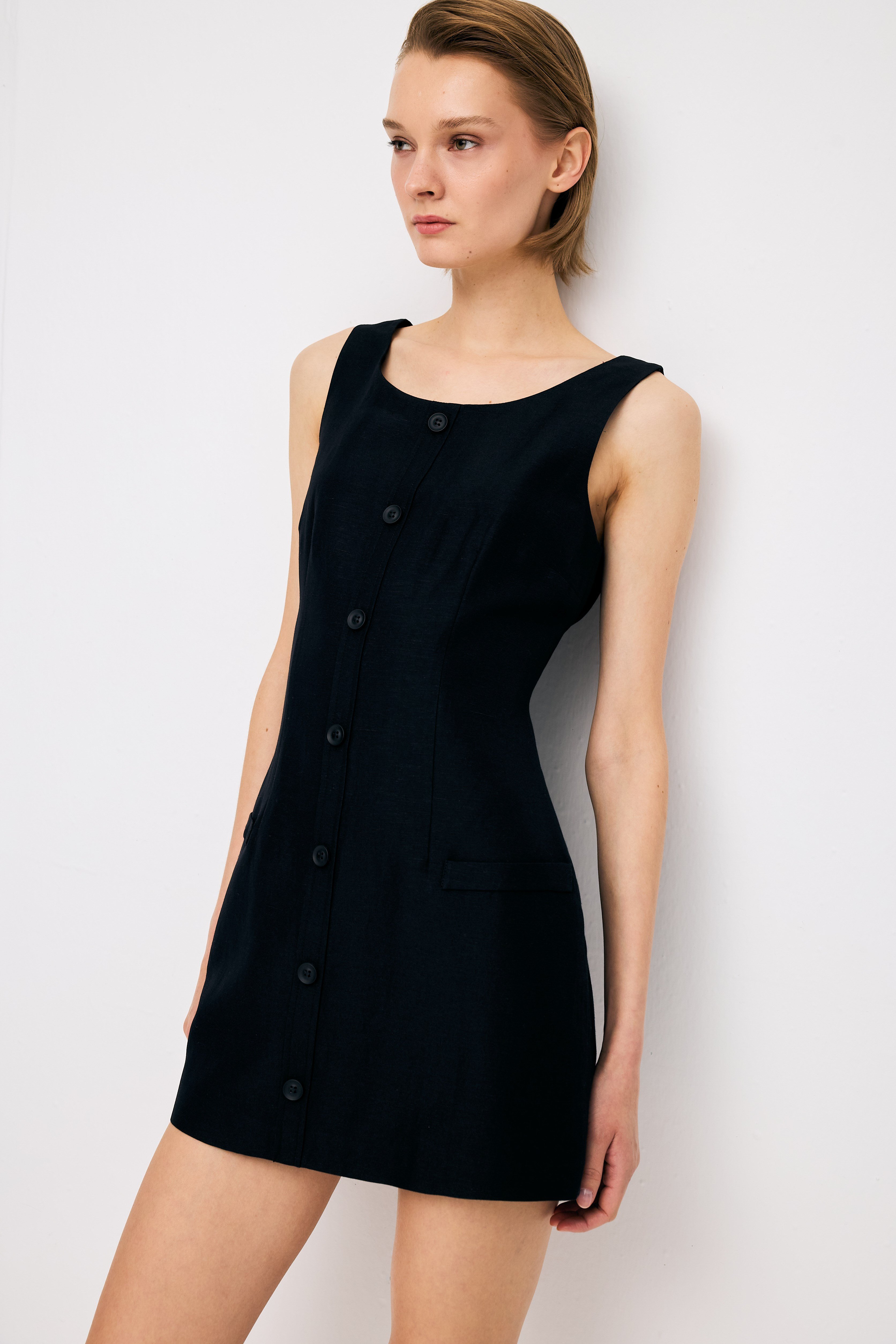 Front Button Black Dress