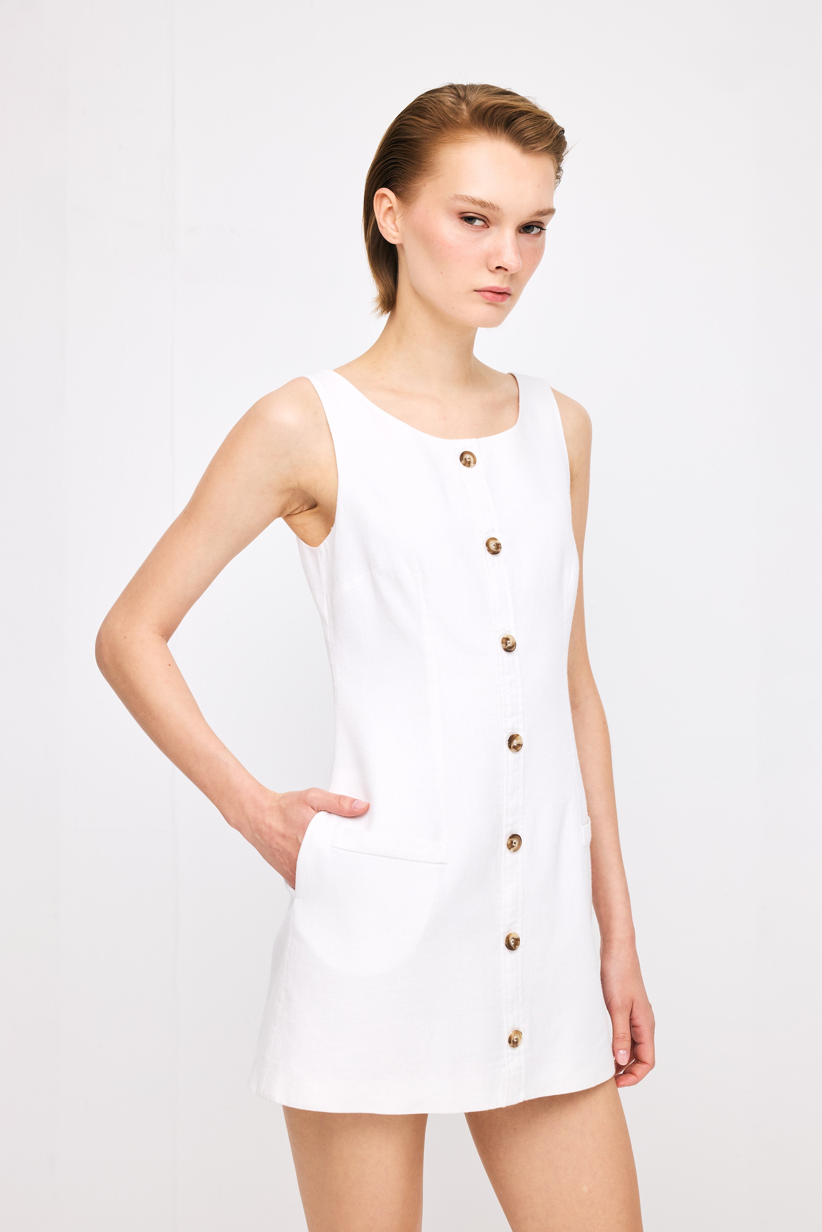Front Button White Linen Dress