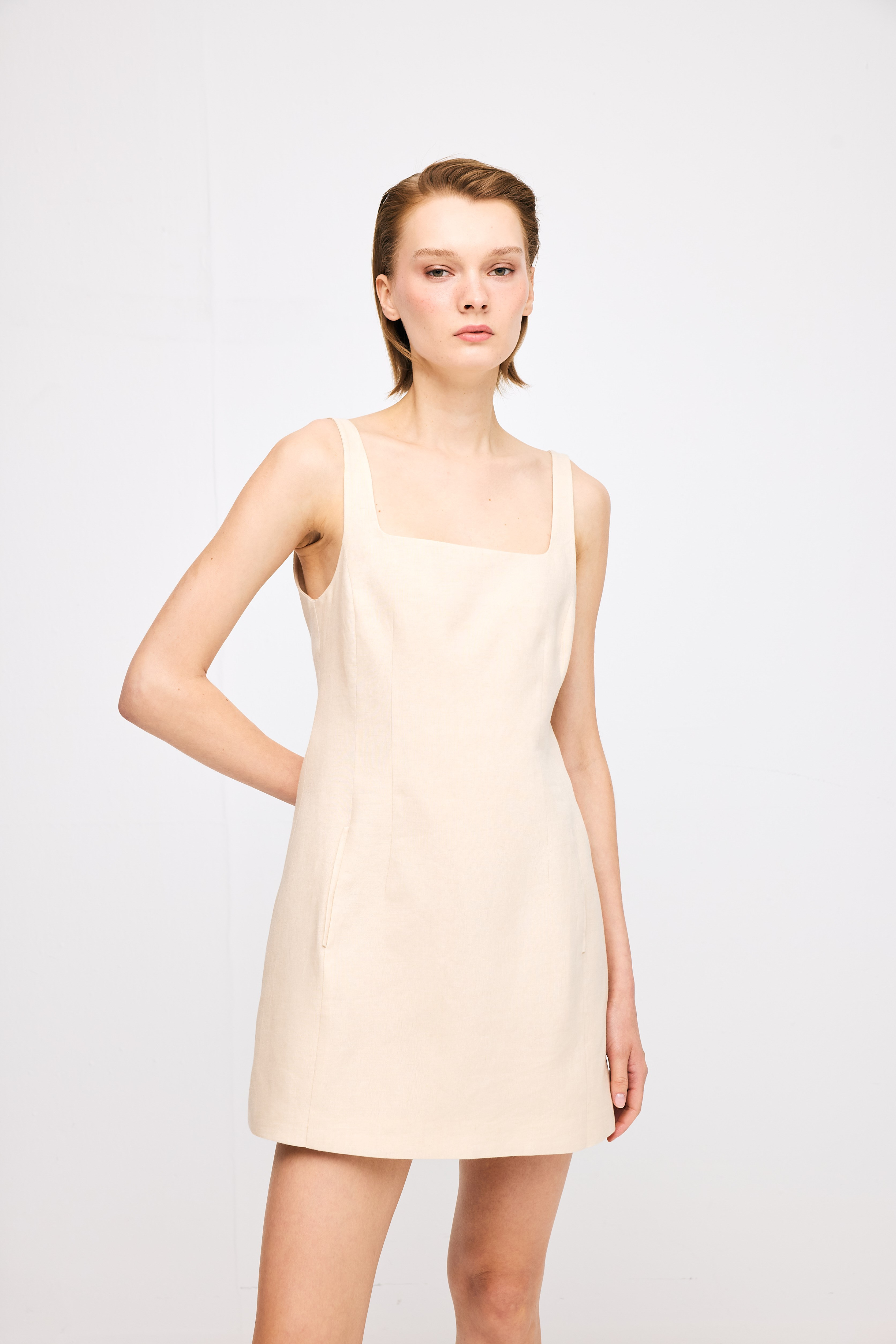 Square Neck Linen Beige Dress