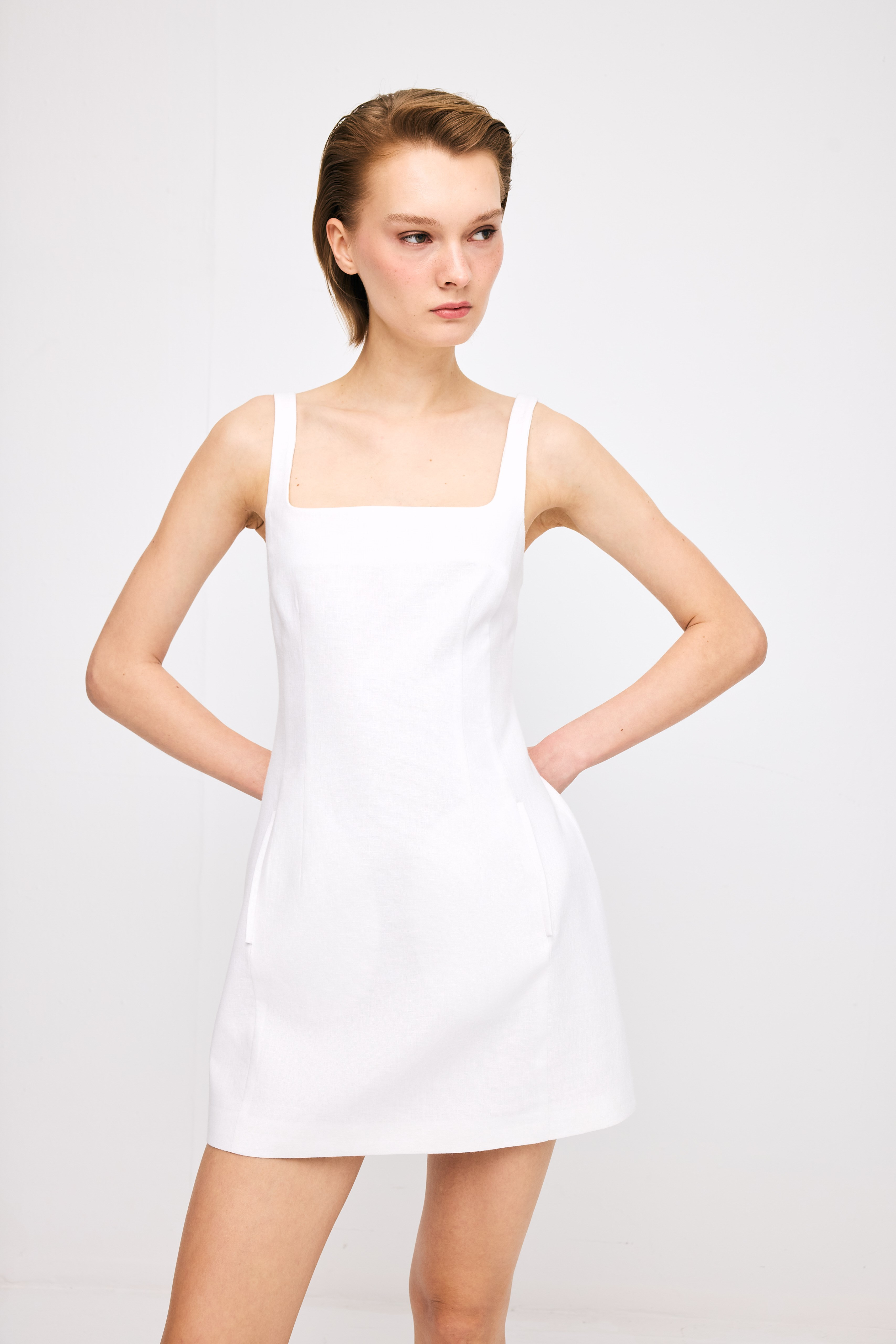 Square Neck Linen White Dress