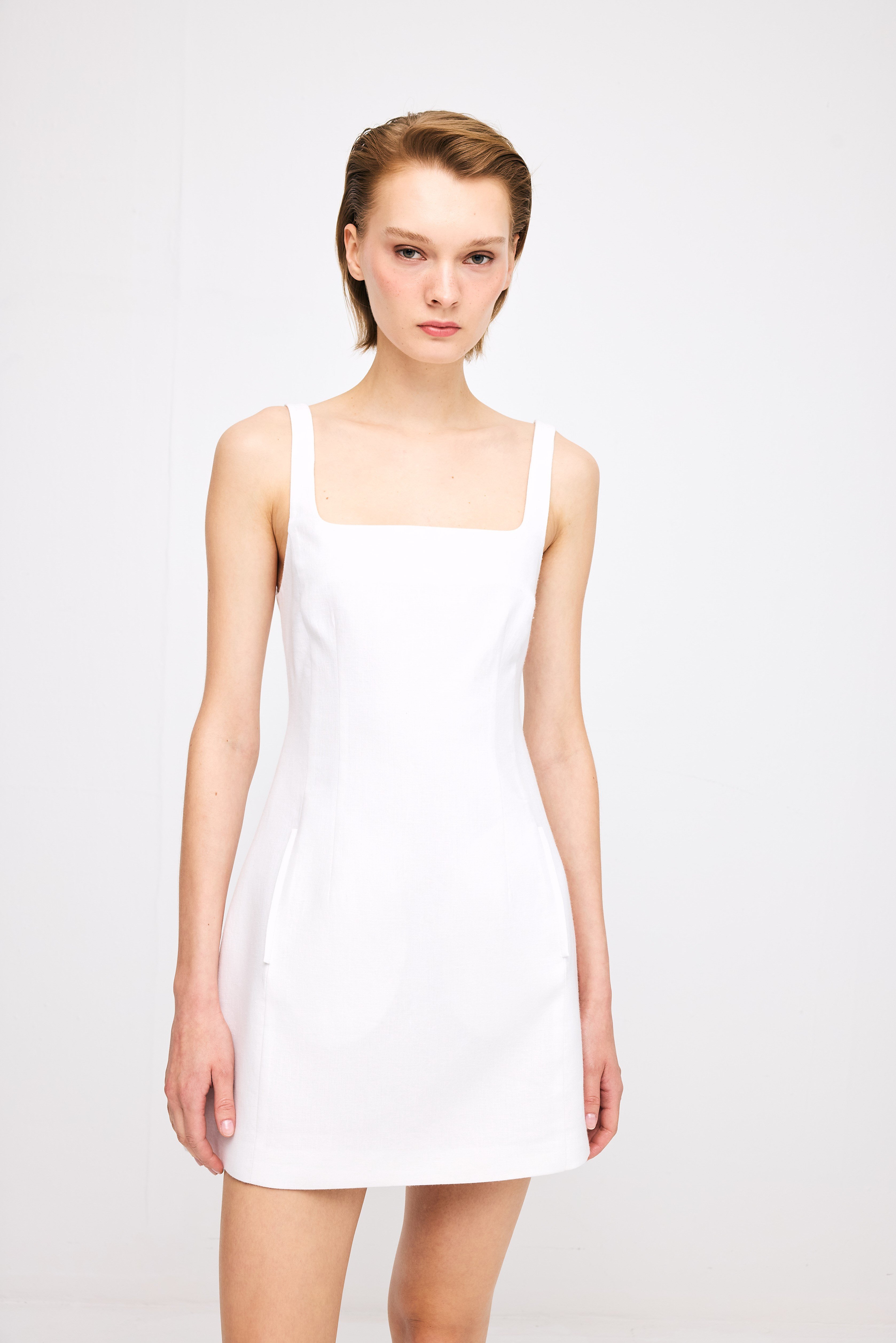 Square Neck Linen White Dress
