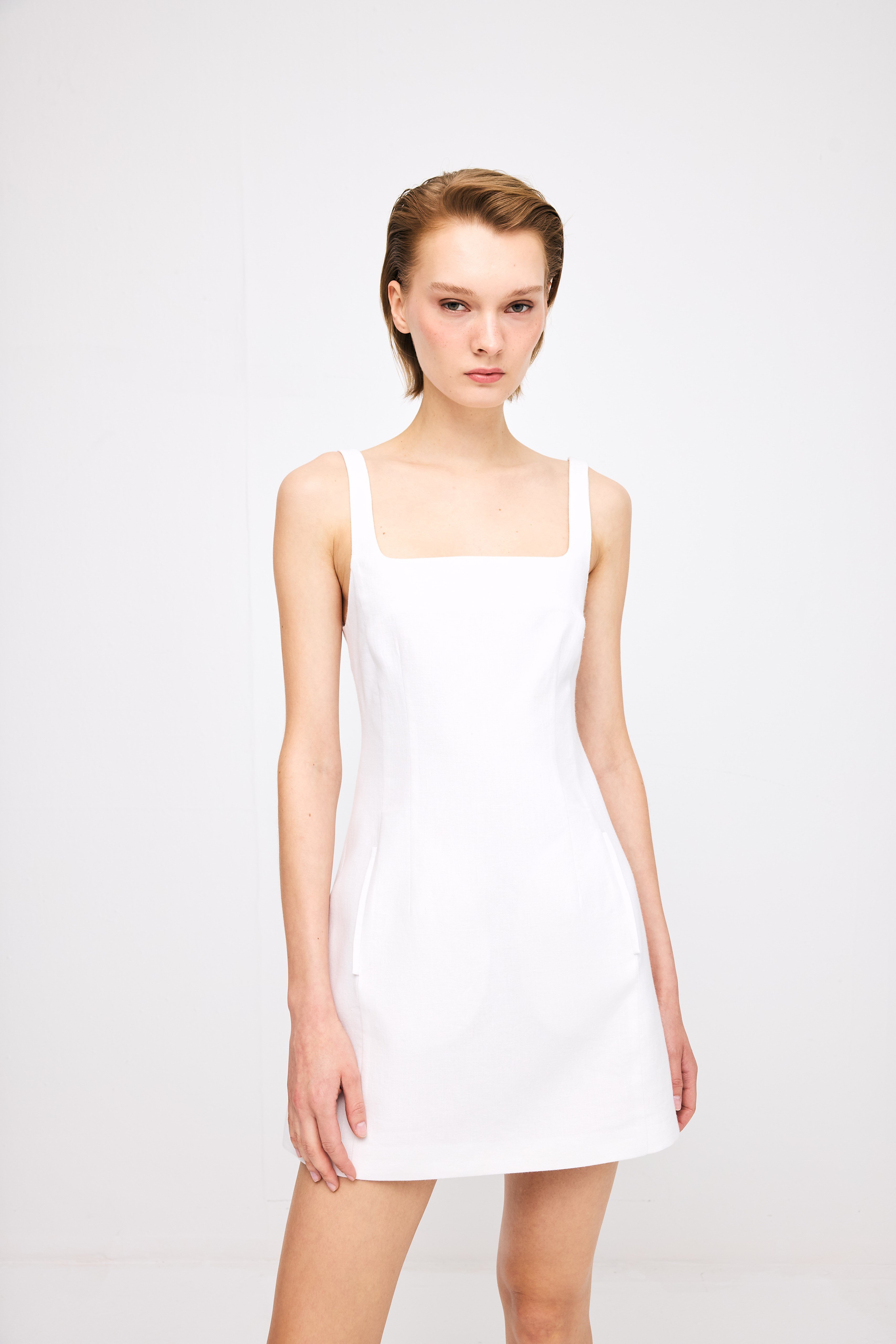 Square Neck Linen White Dress