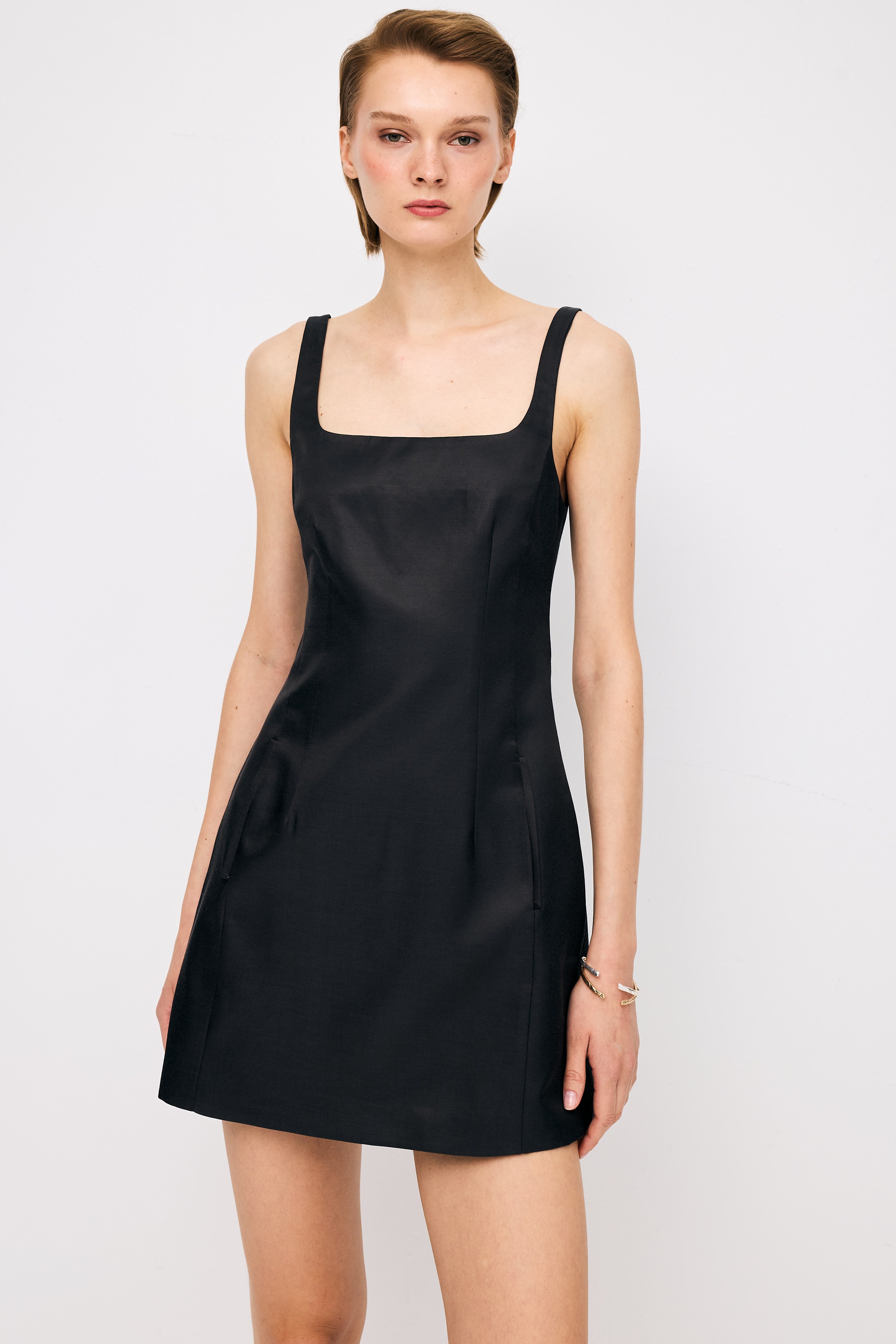 Square Neck Silk Black Dress