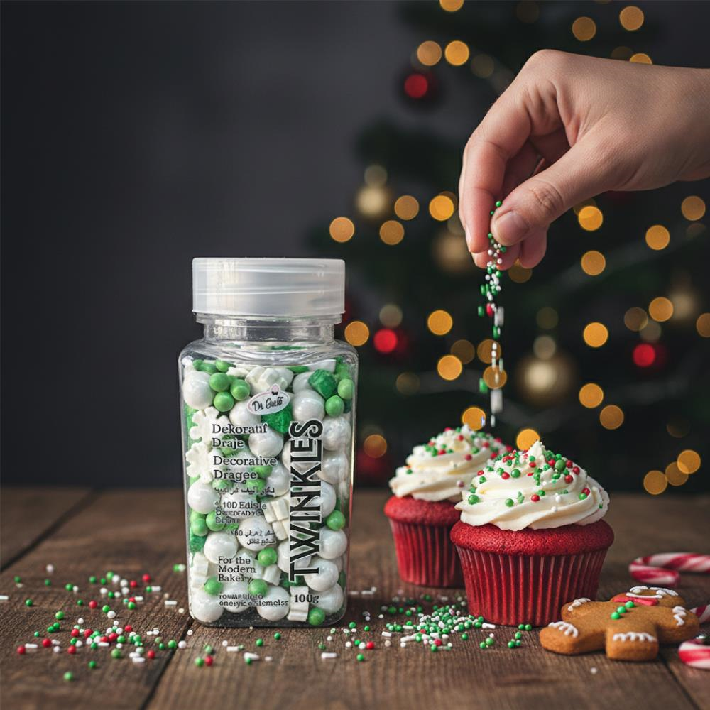 Kar Taneli Cupcake Pasta Süsleme Şekeri Yeşil–Beyaz 100 g | Yılbaşı Temalı Dekor Şekeri