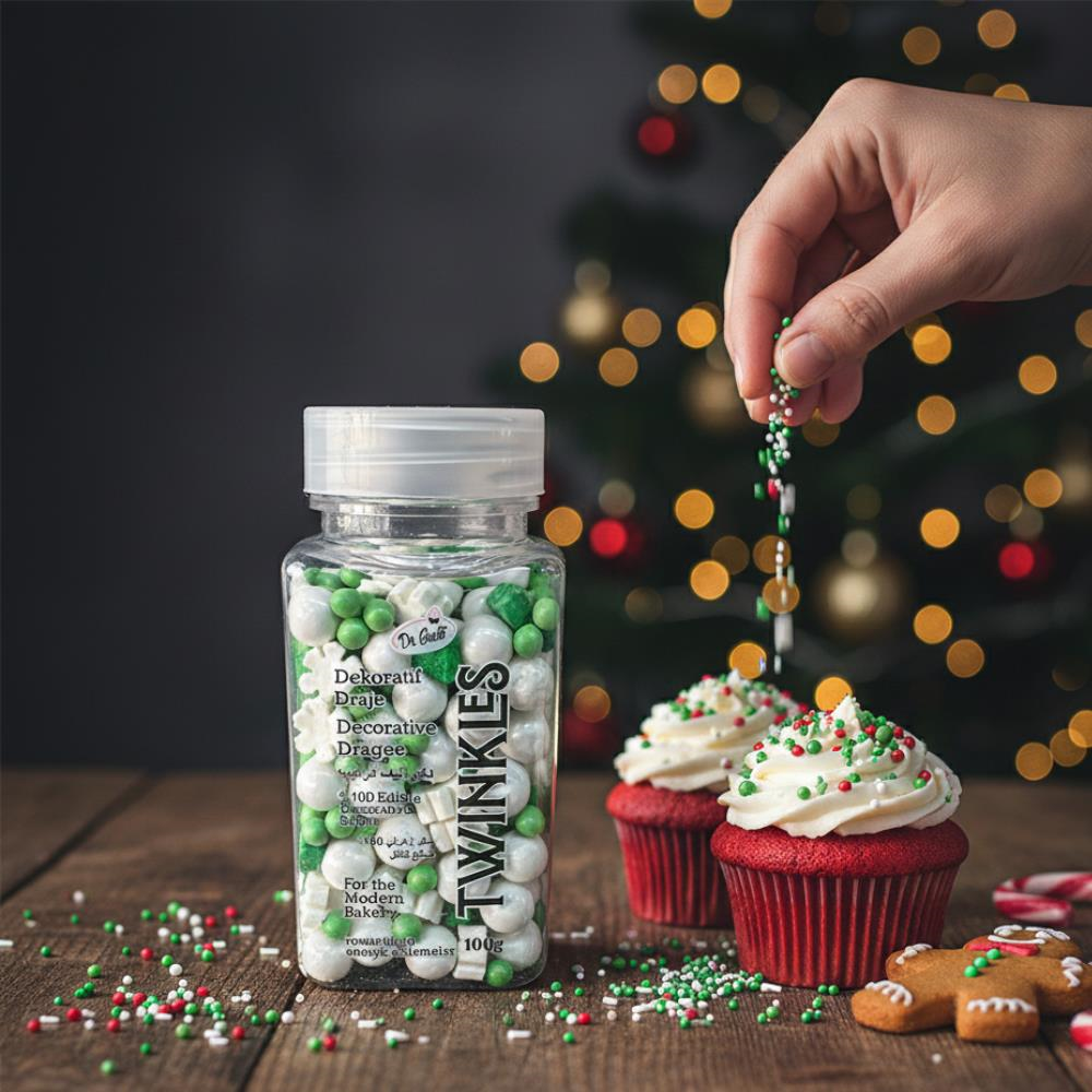 Kar Taneli Cupcake Pasta Süsleme Şekeri Yeşil–Beyaz 100 g | Yılbaşı Temalı Dekor Şekeri