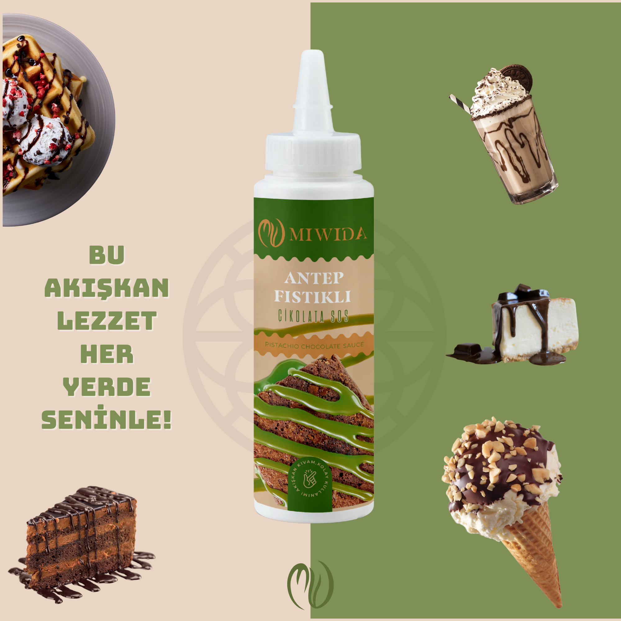 MİWİDA Antep Fıstıklı Çikolata Sos - Pratik Waffle, Pankek, Krep, Kruvasan ve Tatlı Sosu 330 Gr