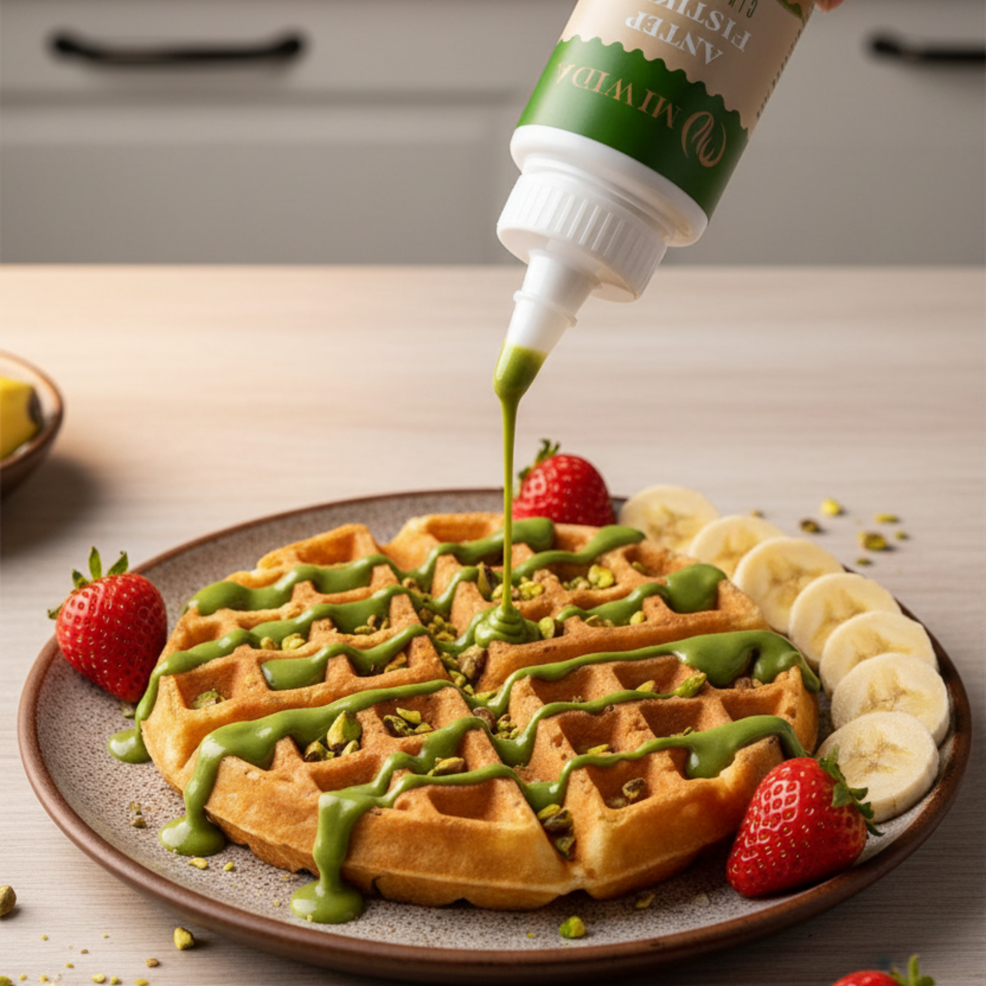 MİWİDA Antep Fıstıklı Çikolata Sos - Pratik Waffle, Pankek, Krep, Kruvasan ve Tatlı Sosu 330 Gr