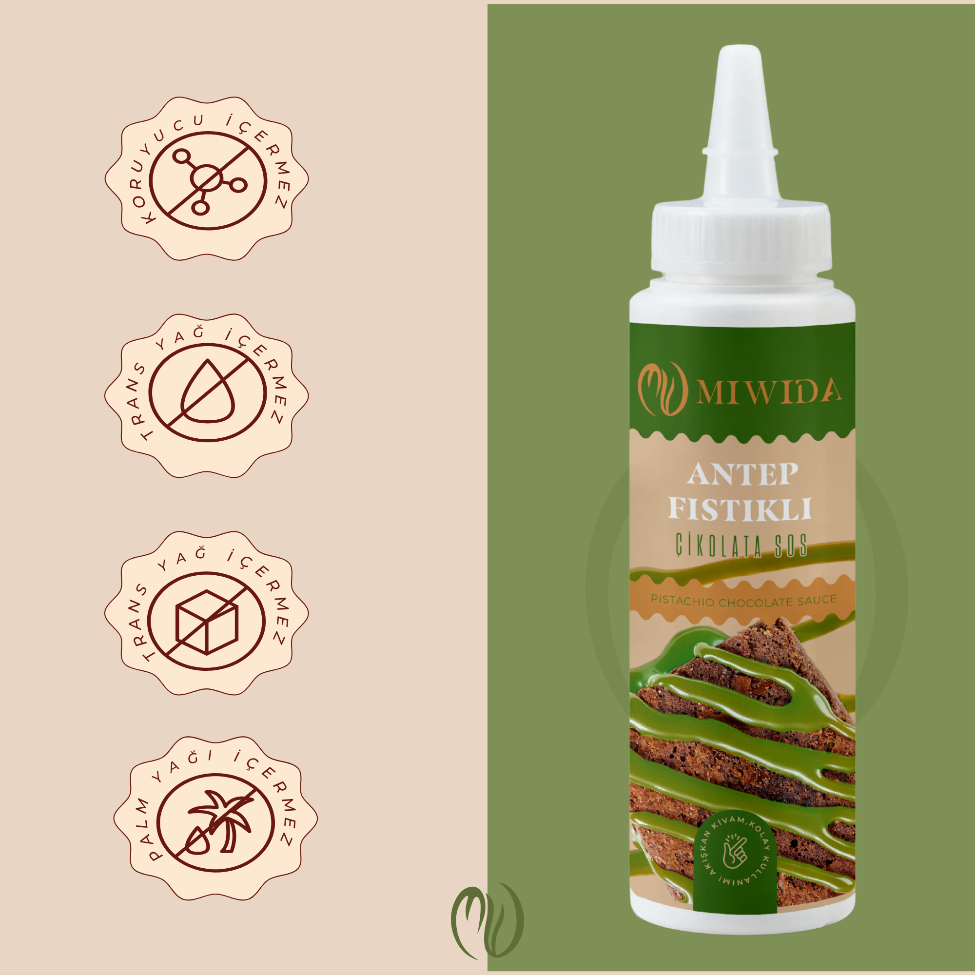 MİWİDA Antep Fıstıklı Çikolata Sos - Pratik Waffle, Pankek, Krep, Kruvasan ve Tatlı Sosu 330 Gr