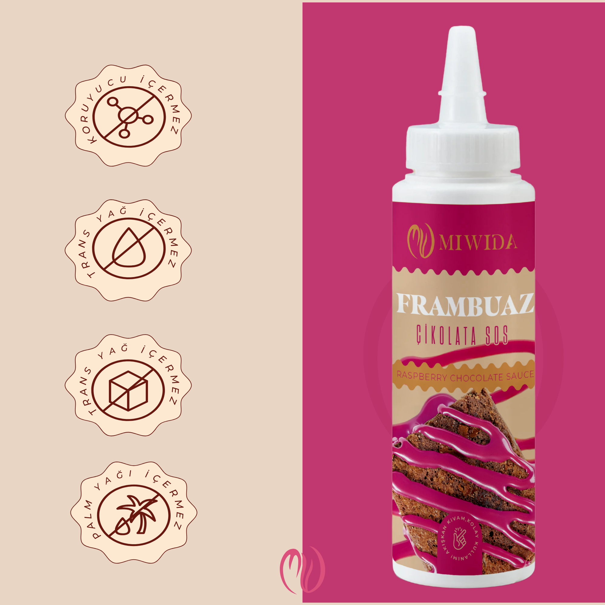 MİWİDA Frambuaz Aromalı Sos - Pratik Waffle, Pankek, Krep, Kruvasan ve Tatlı Sosu 330 Gr