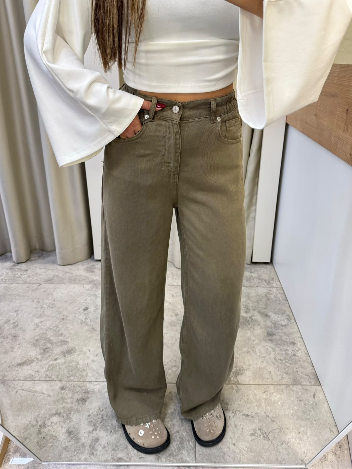 Adora Haki Beli Lastikli Tensel Jean