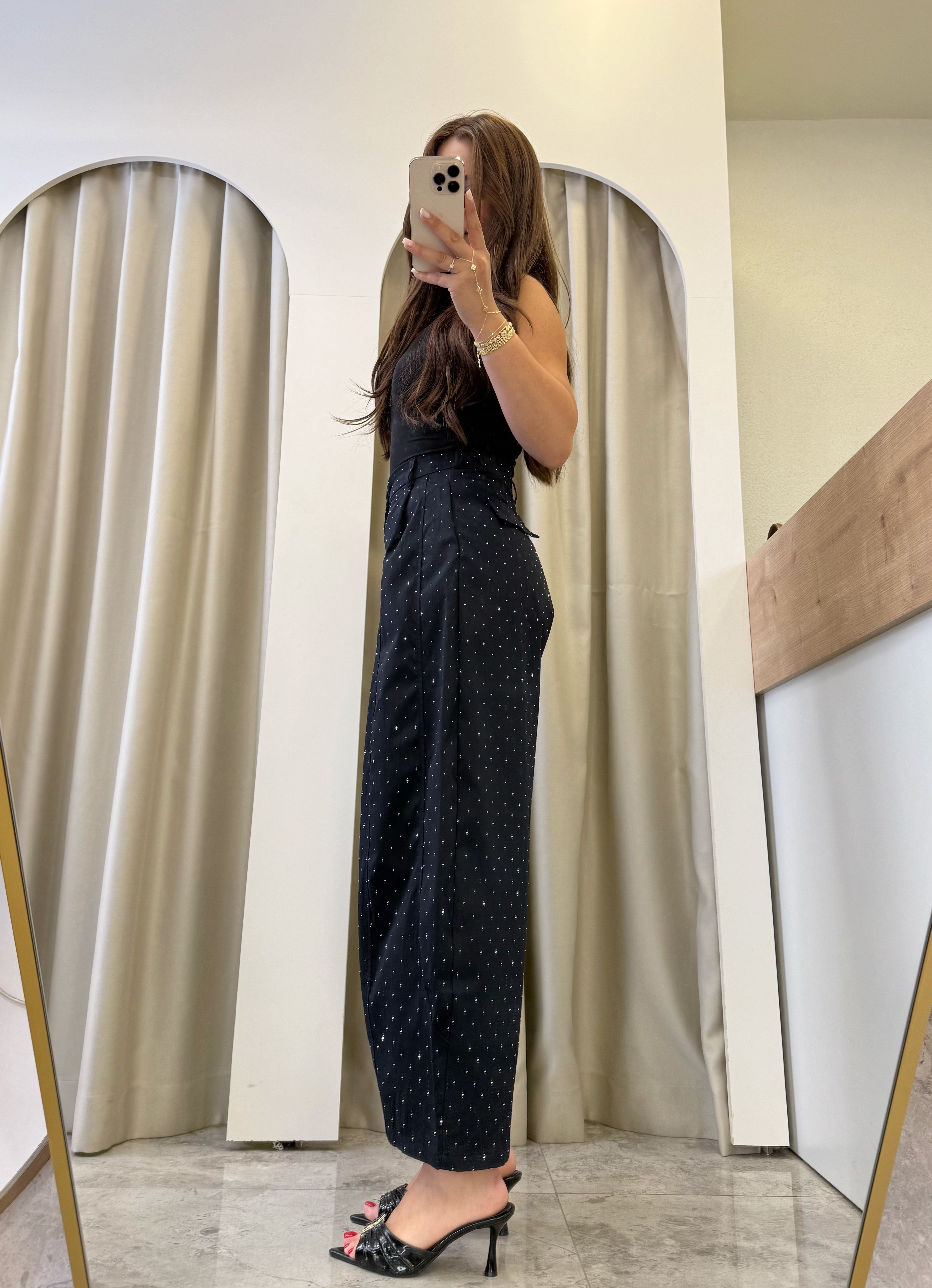 Also Siyah İthal Taşlı Balon Pantolon