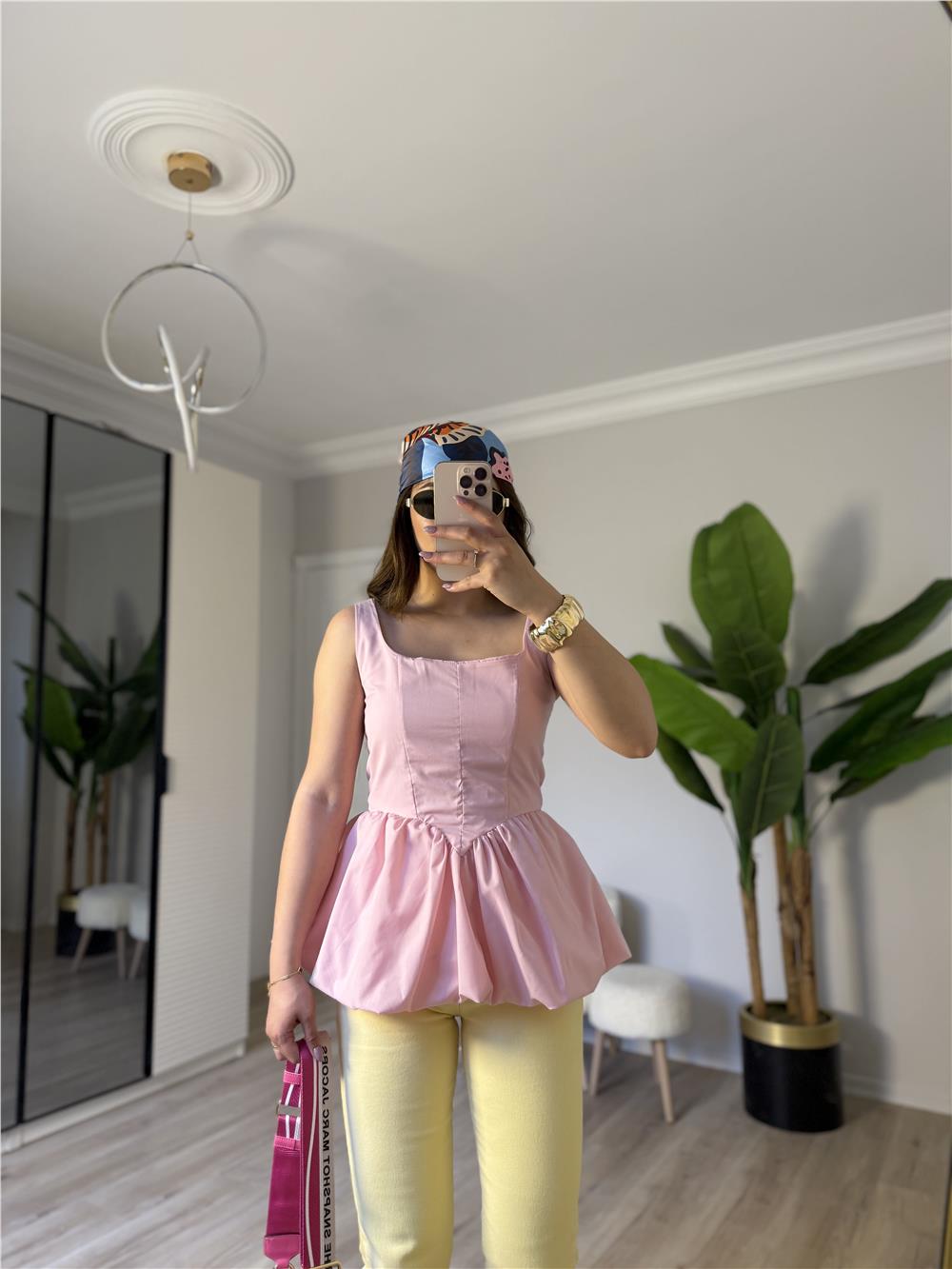 Askılı poplin balon bluz-PEMBE