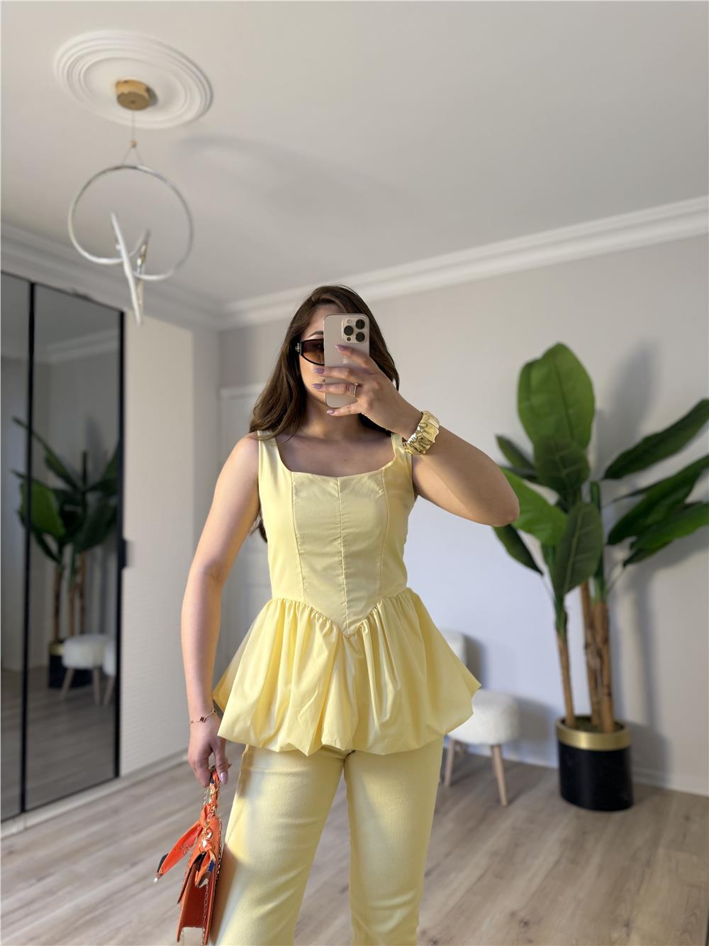 Askılı poplin balon bluz-SARI