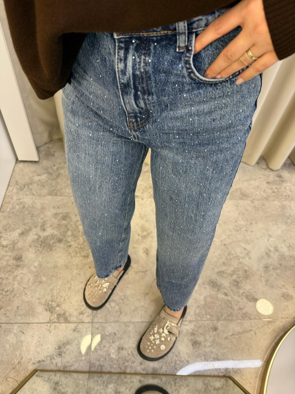 Asley Renkli Taşlı Mom Jean