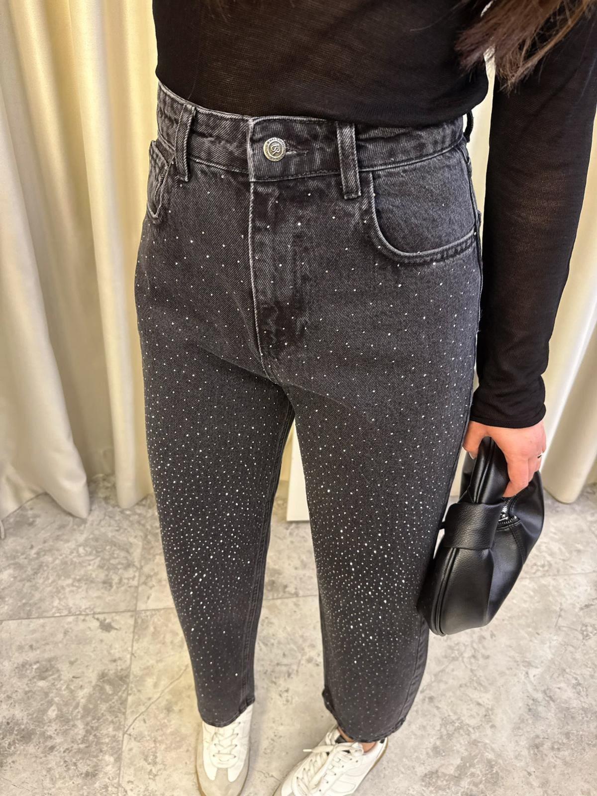 Asley Taşlı Mom Jean Siyah