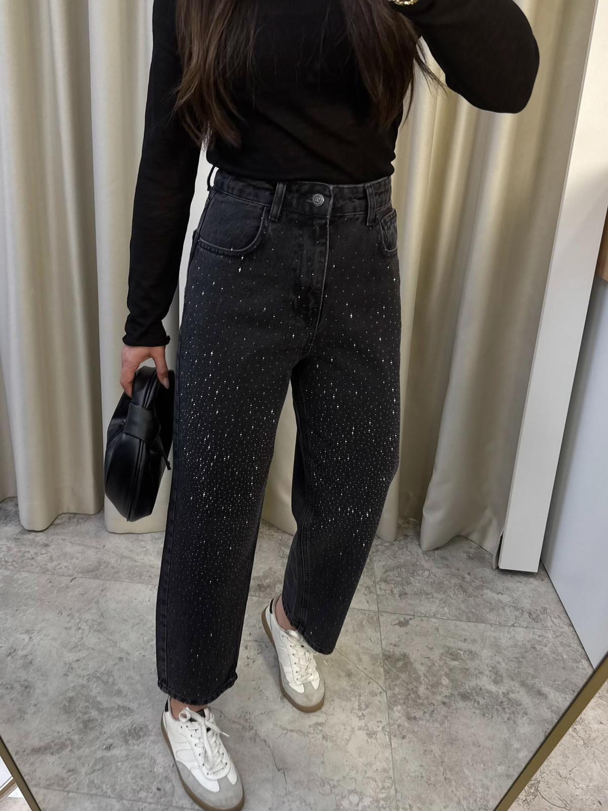 Asley Taşlı Mom Jean Siyah
