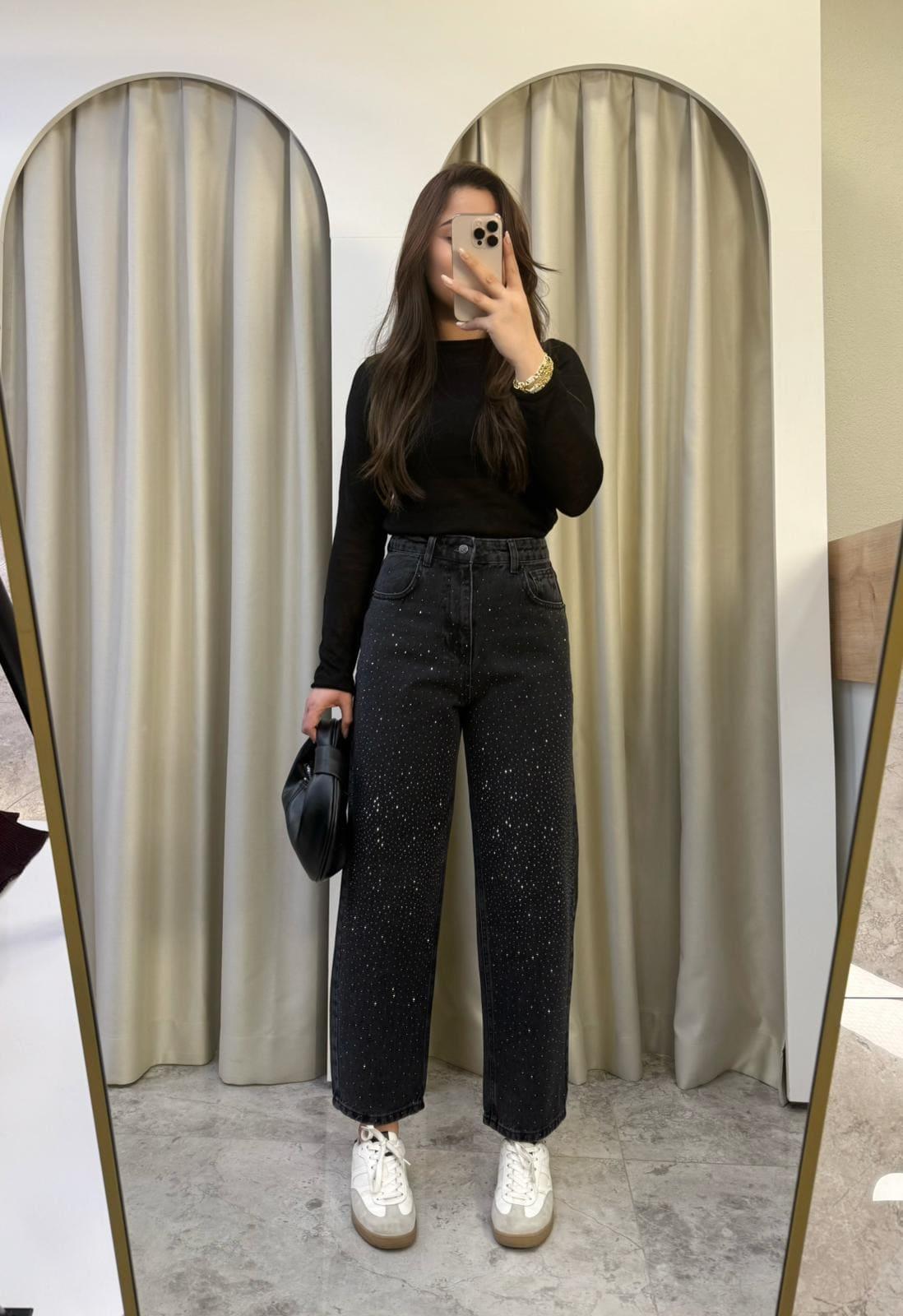 Asley Taşlı Mom Jean Siyah