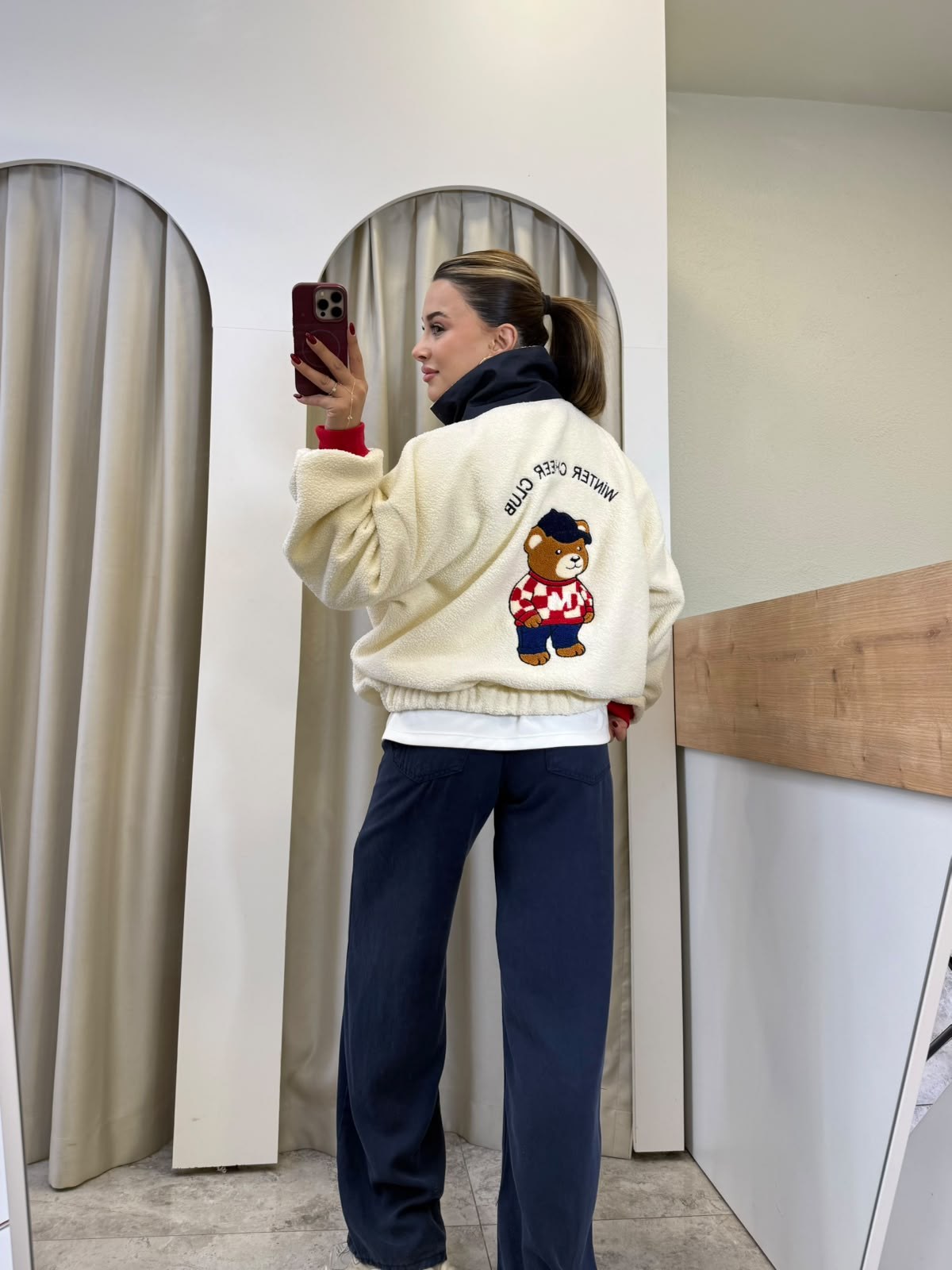 Bear Ekru Lacivert Ayıcık Bakılı Polar Sweatshirt