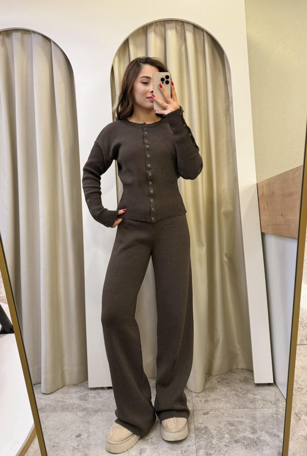 Bella Çıtçıtlı Triko Takım Kahve