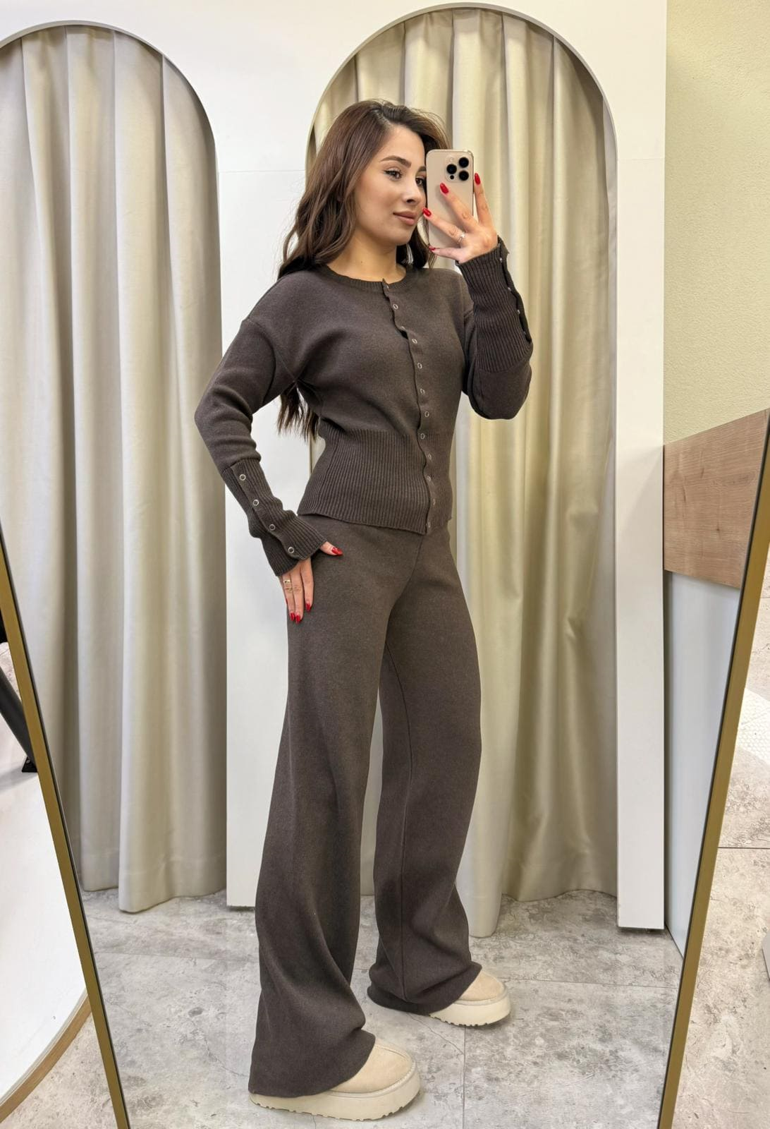 Bella Çıtçıtlı Triko Takım Kahve