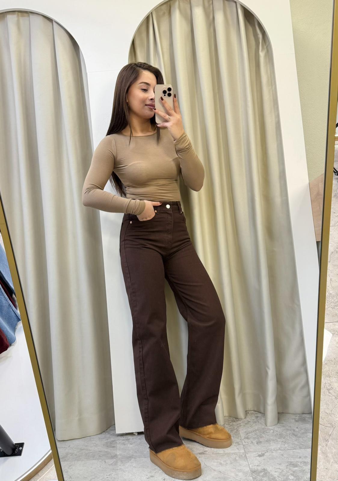 Brown Yüksek Bel Wide Leg Kahve Jean