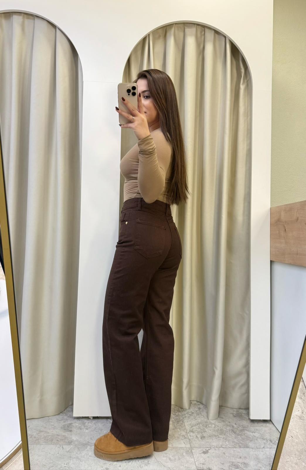 Brown Yüksek Bel Wide Leg Kahve Jean