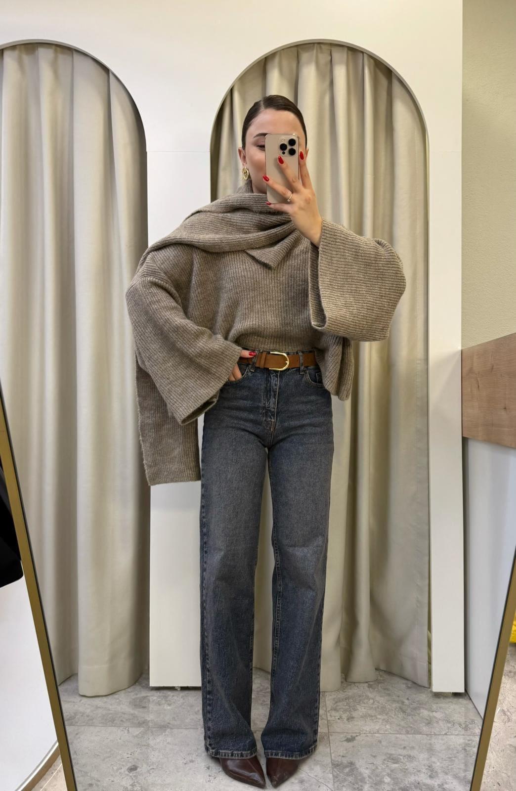 Camel Süet Kemerli Likralı Boru Paça Jean