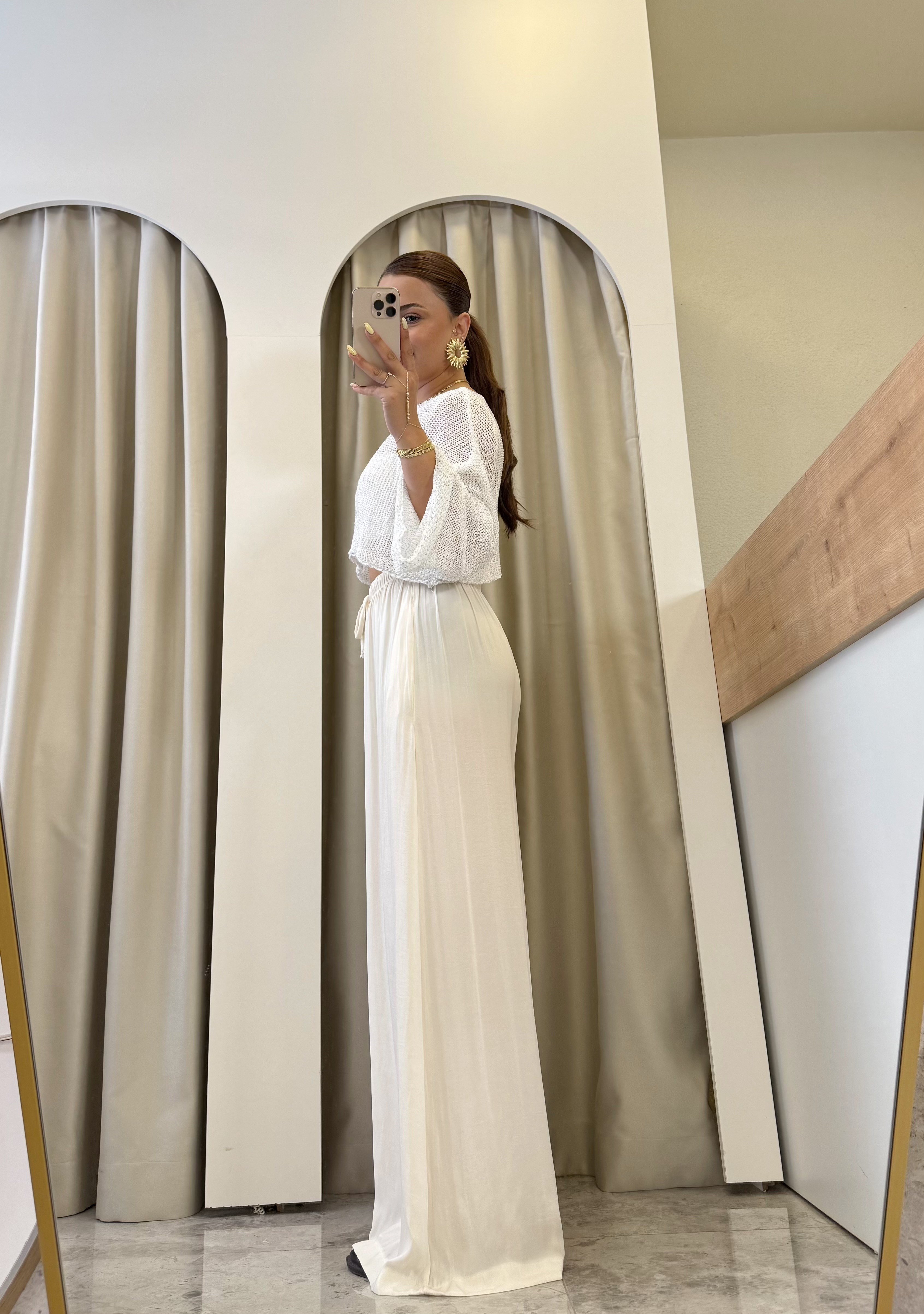 Catrin Ekru Beli Lastikli Tensel Palazzo