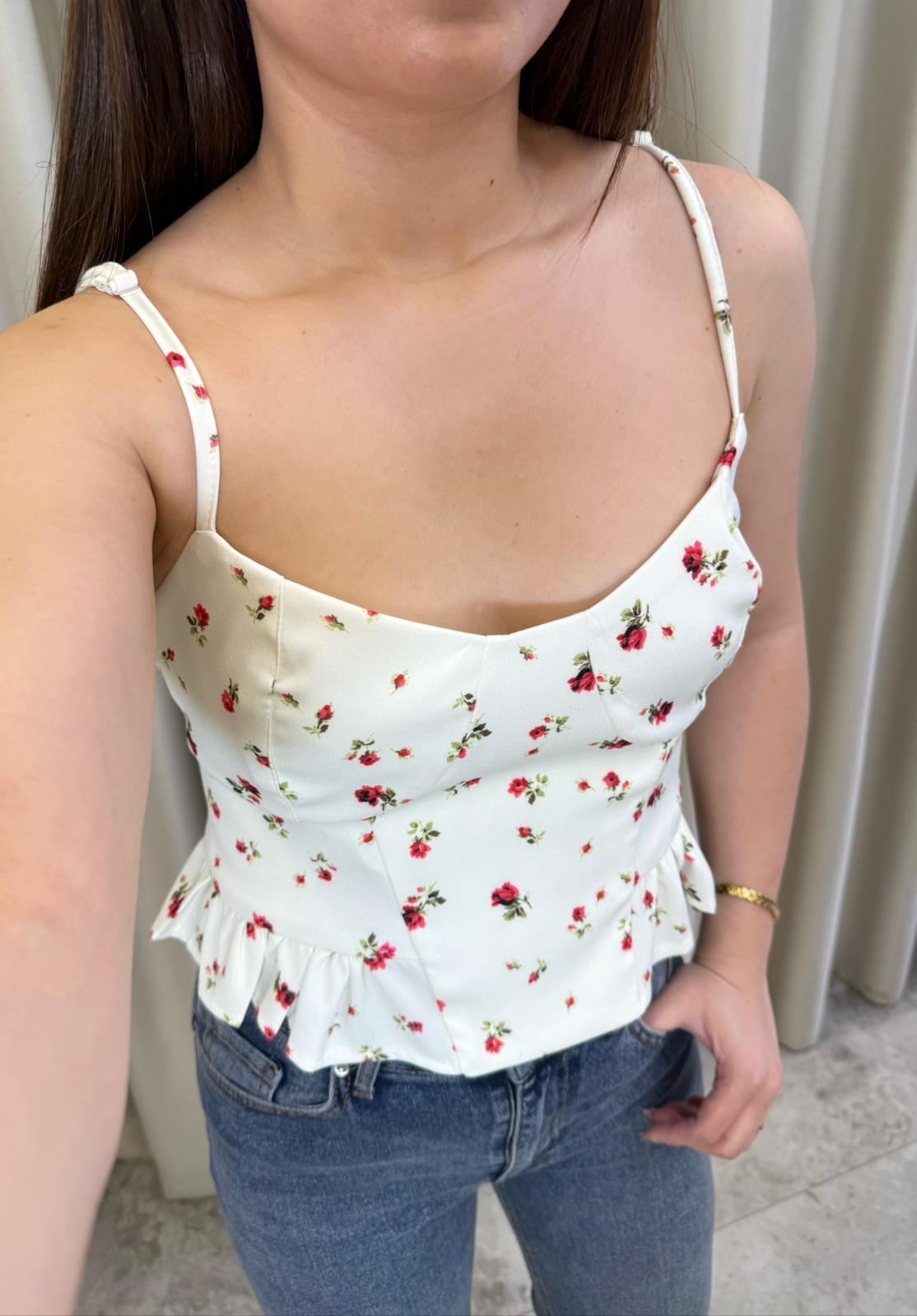 Çeri Kırmızı Çiçek Baskılı Crop
