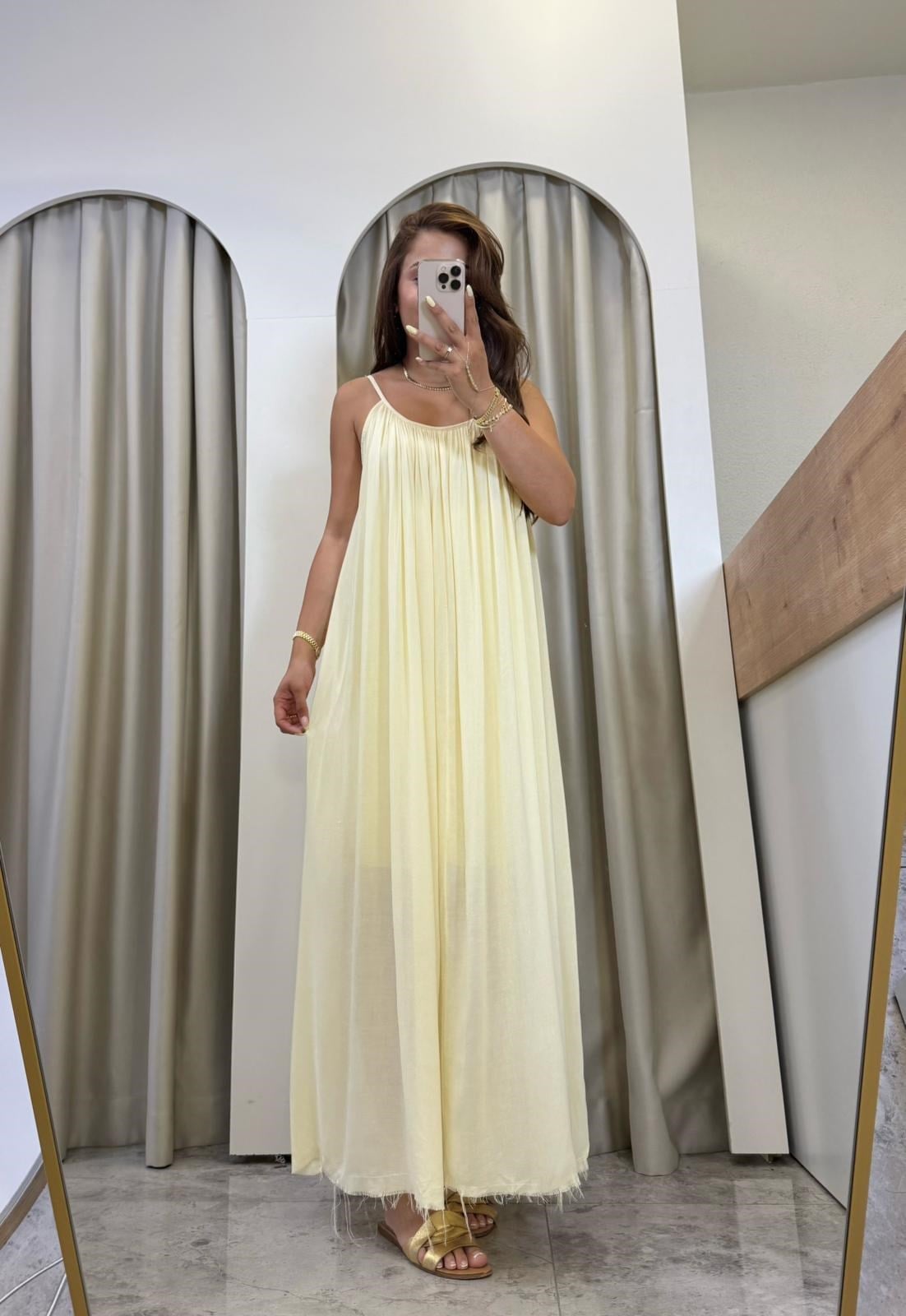 Dole Sarı İp Askılı Astarlı Maxi Boy Elbise