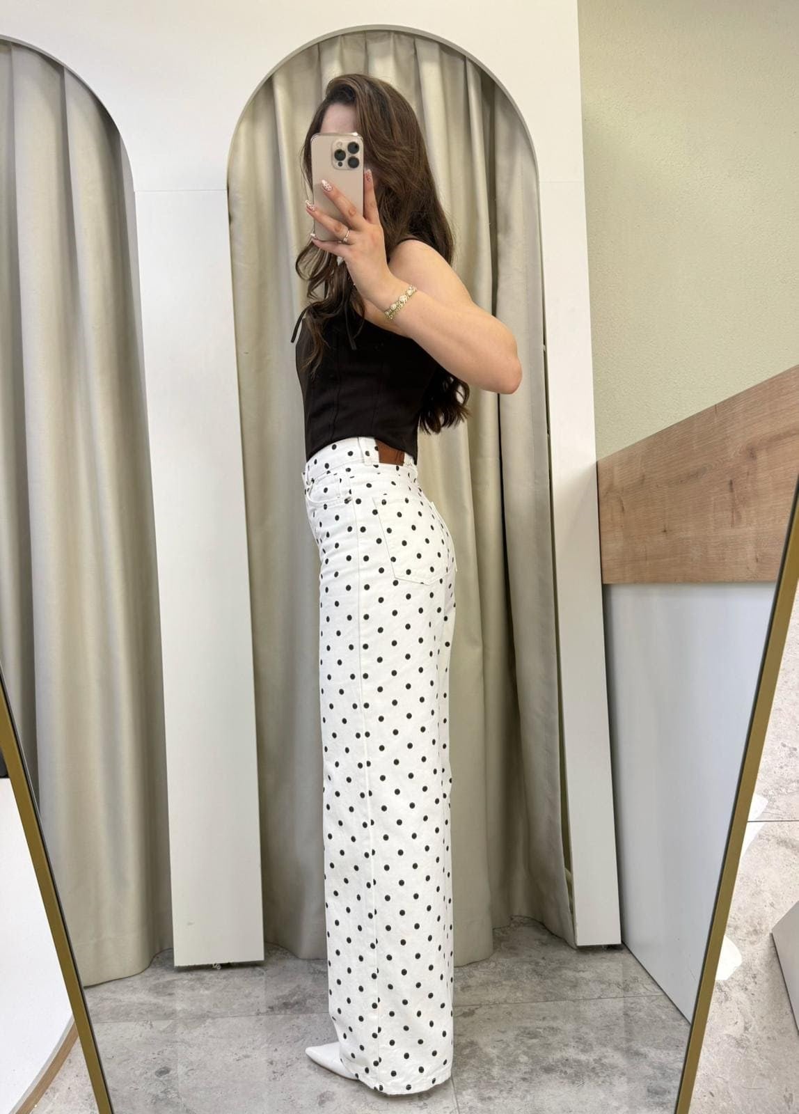 Doll Beyaz Üstü Kahve Puantiyeli Jean