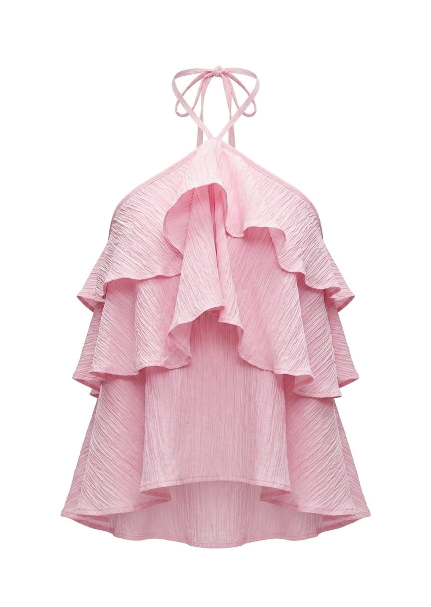 Eifel Pembe Fırfırlı Boyundan Bağlamalı Bluz