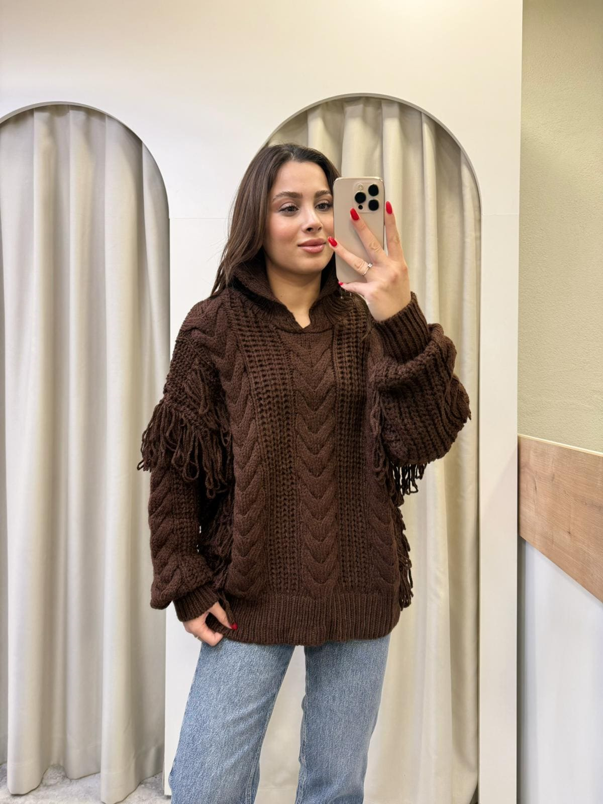 Elegan Saçaklı Kahve Kazak