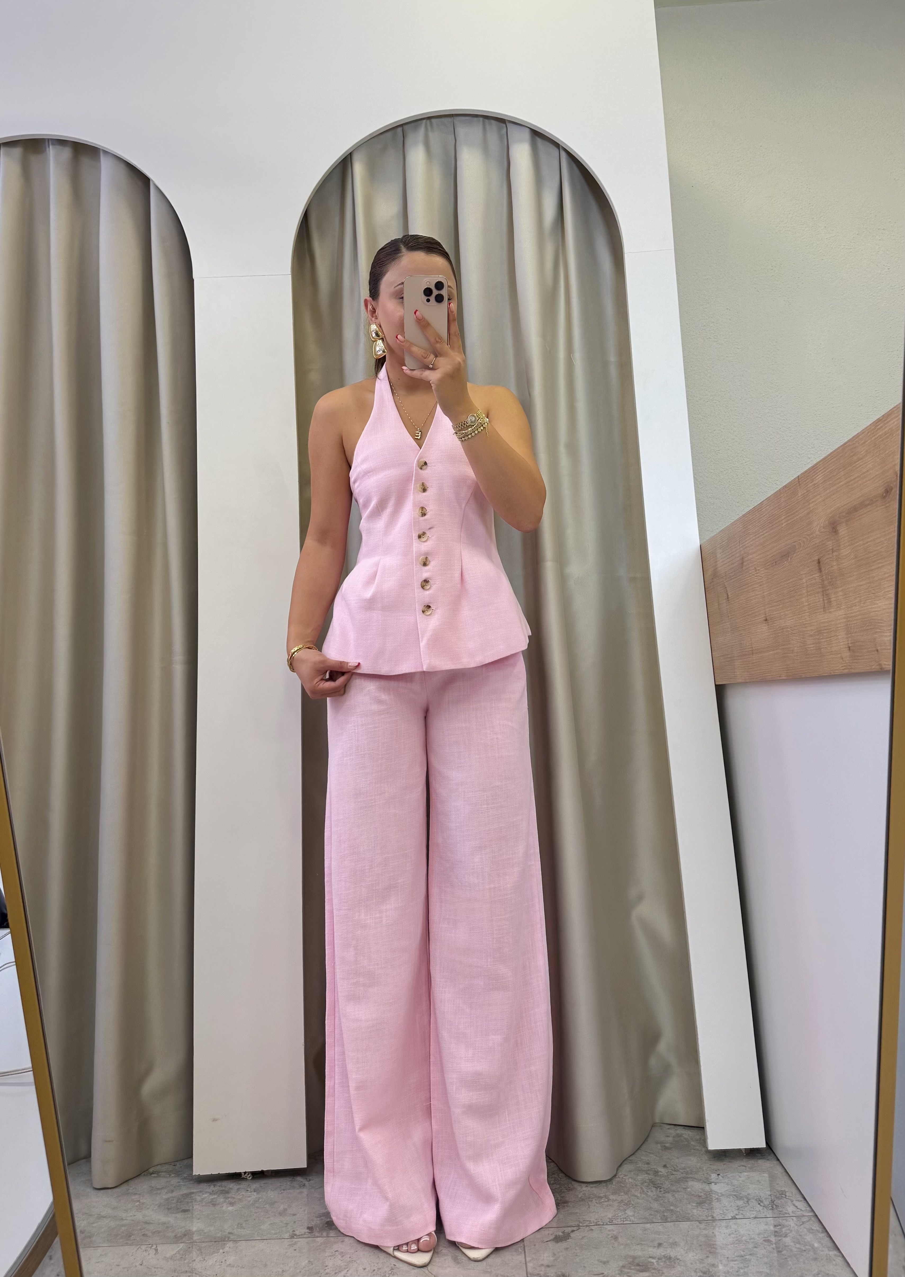 Fava Pembe Keten Yelekli Takım