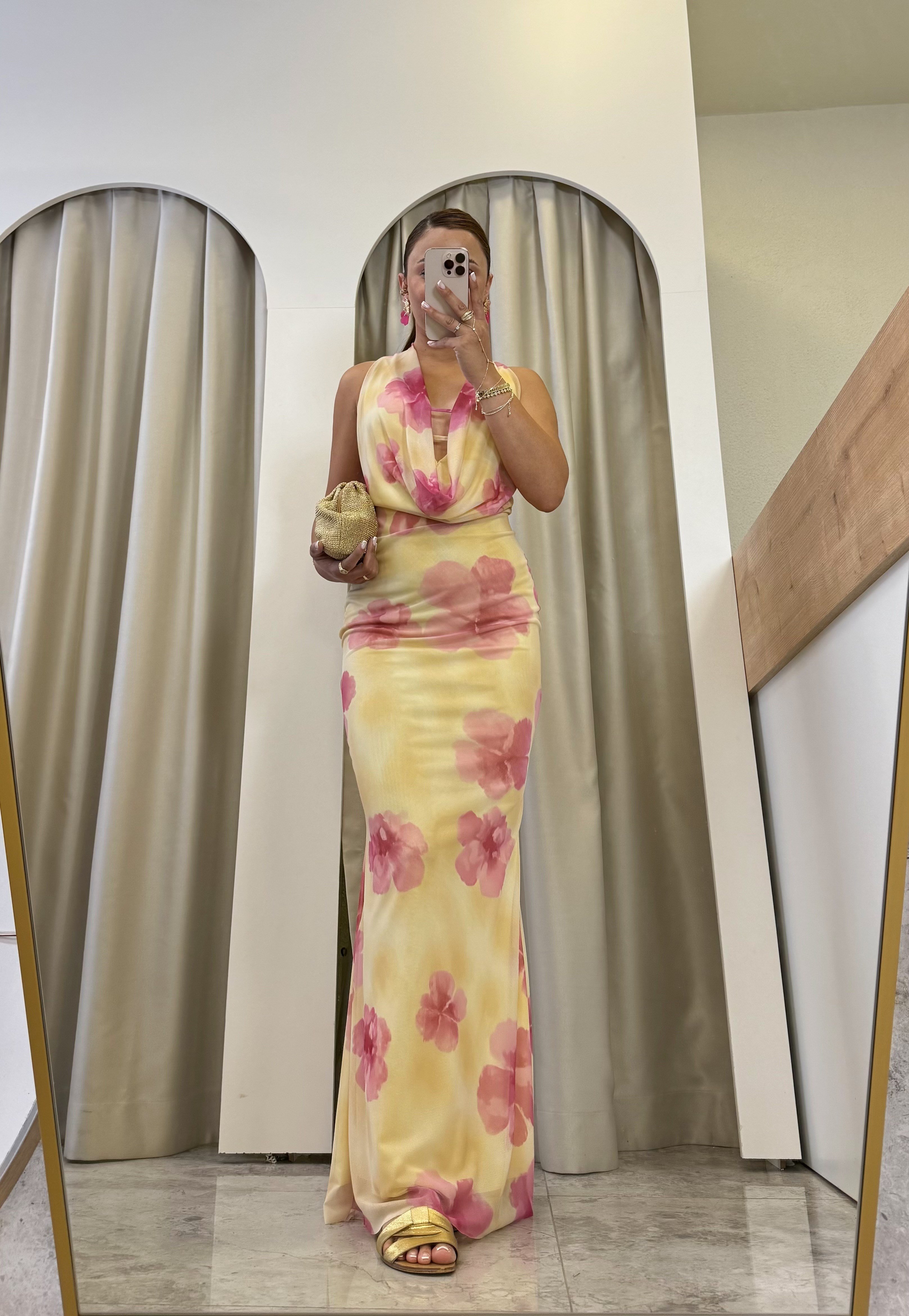 Flora Sarı Çİçek Baskı Tül Astarlı Elbise