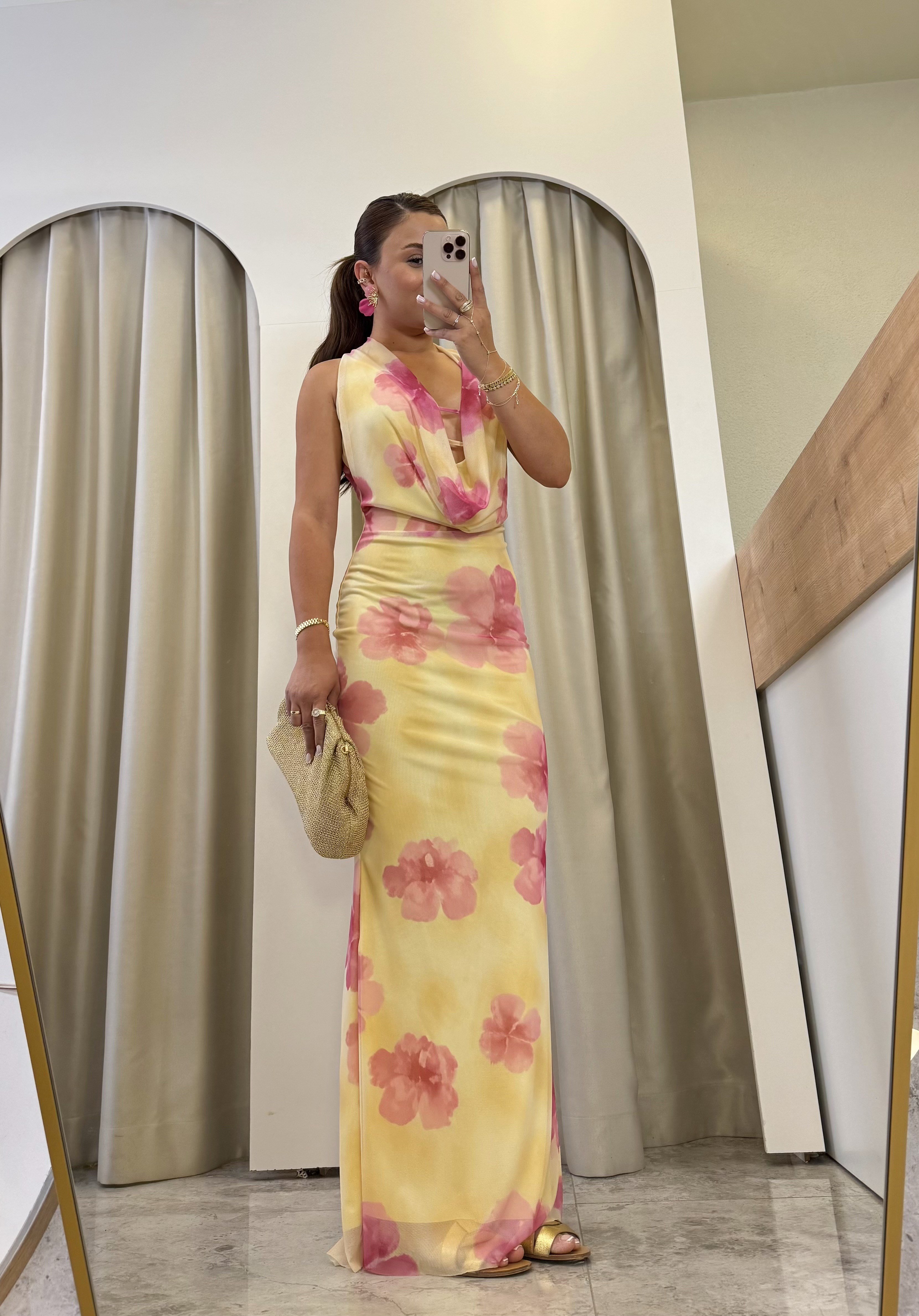 Flora Sarı Çİçek Baskı Tül Astarlı Elbise